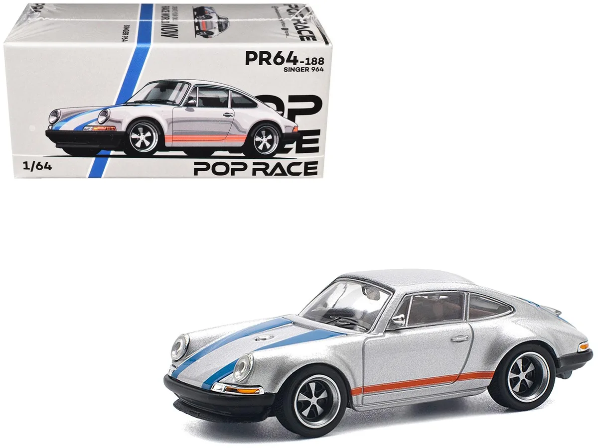 Pop Race Pop Race Singer 964 Silver Metallic Blue Red Stripes 1/64 Diecast Car — product photo