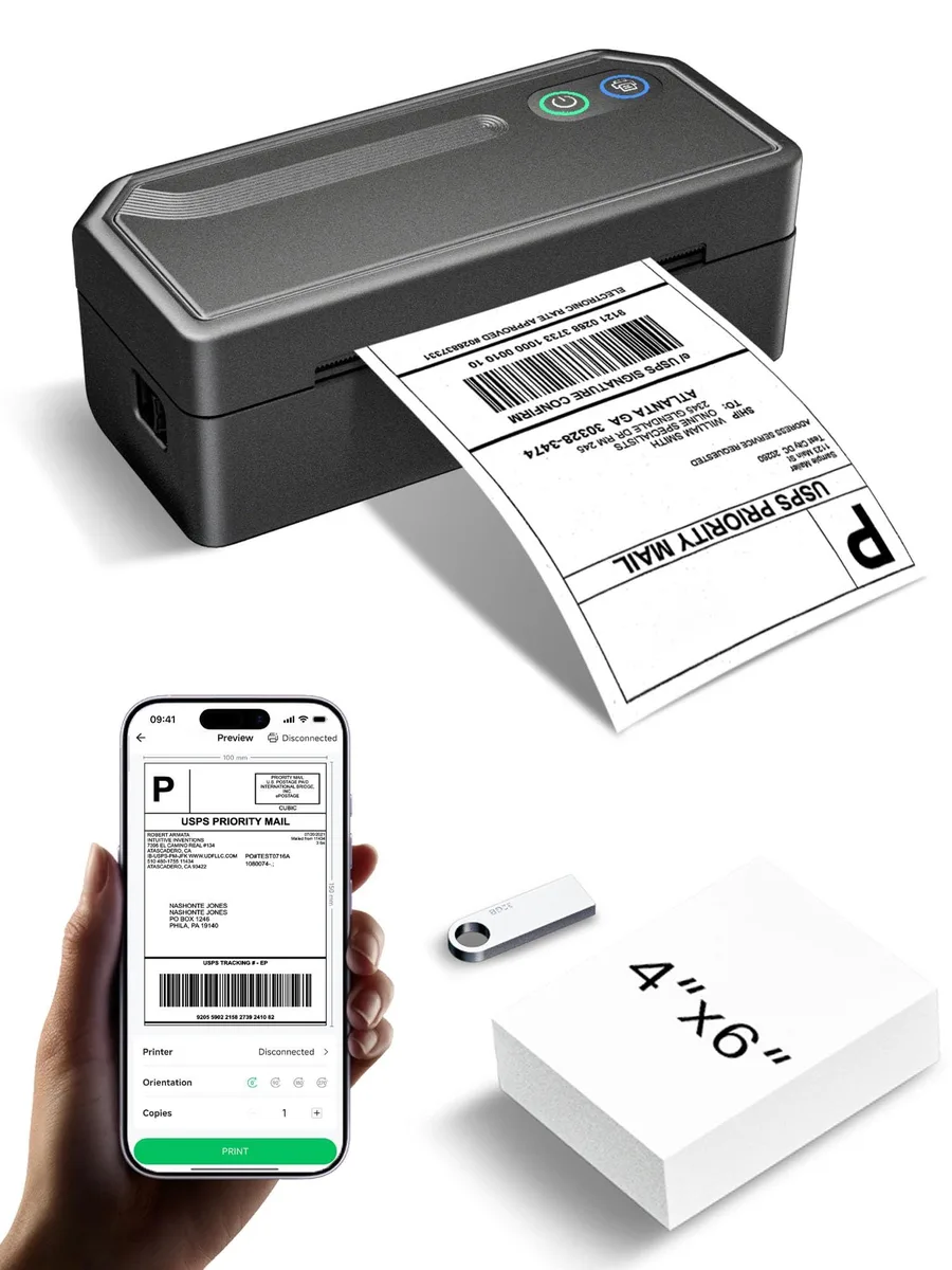 Compact black thermal label printer with Bluetooth and USB connectivity, 4x6 media size