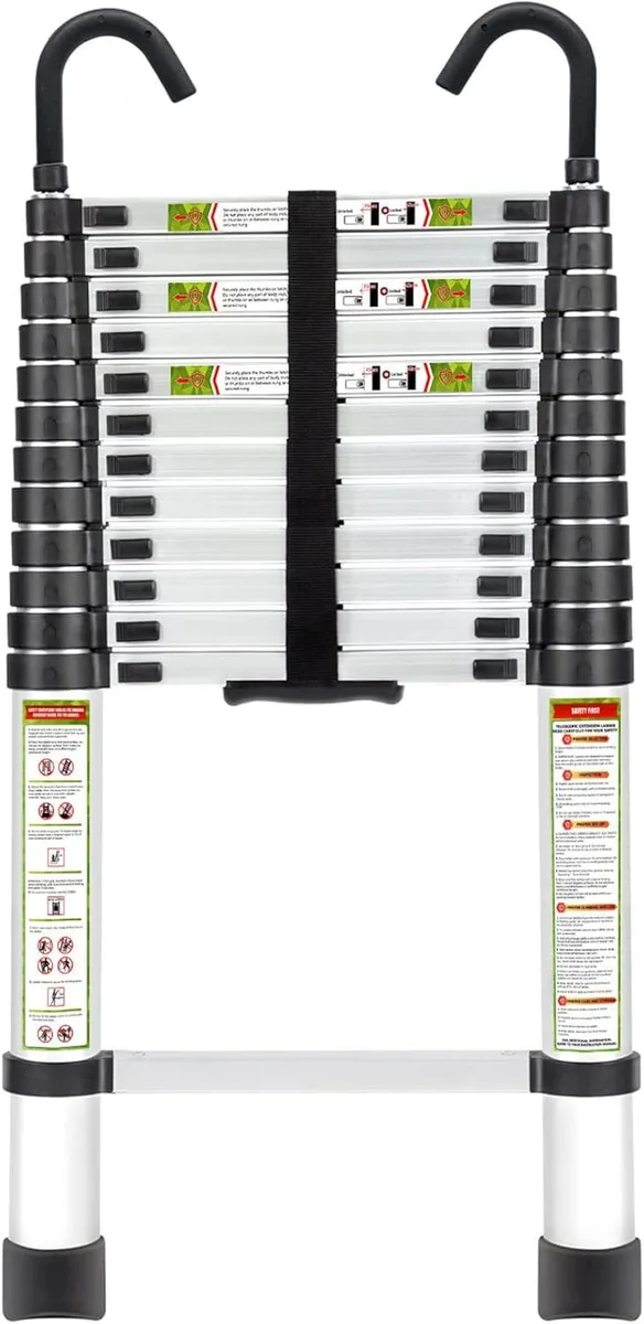 Silver aluminium telescopic ladder extended with top hooks visible