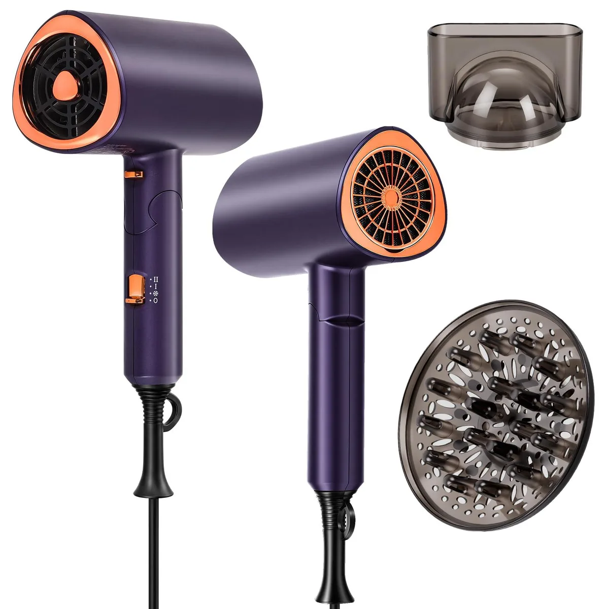 Deep purple foldable hair dryer with triangular body and folded handle