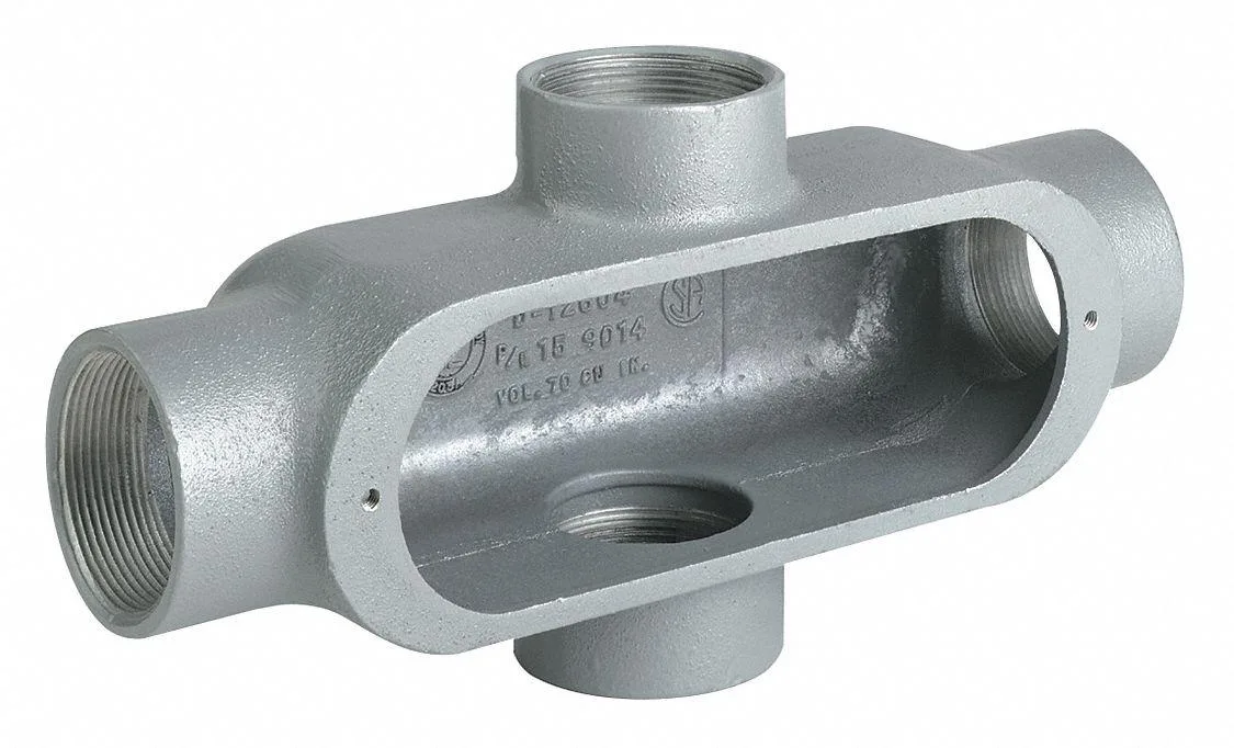 Gray aluminum X-body conduit outlet, 3/4 inch hub, powder-coated finish