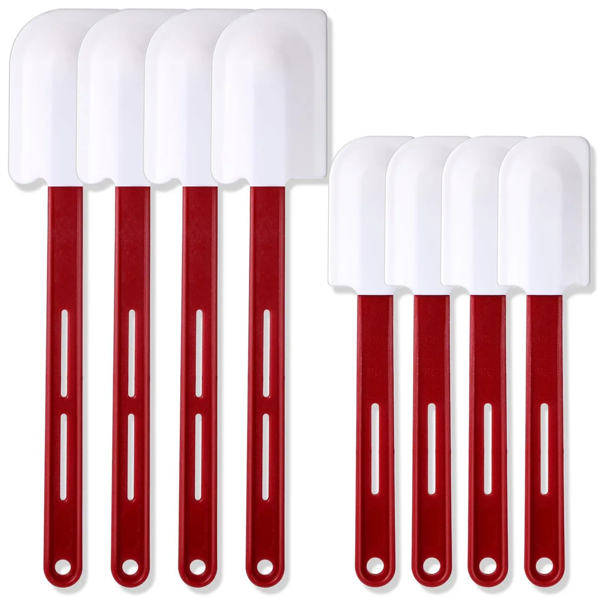Eight brown silicone spatulas in two sizes with nylon handles