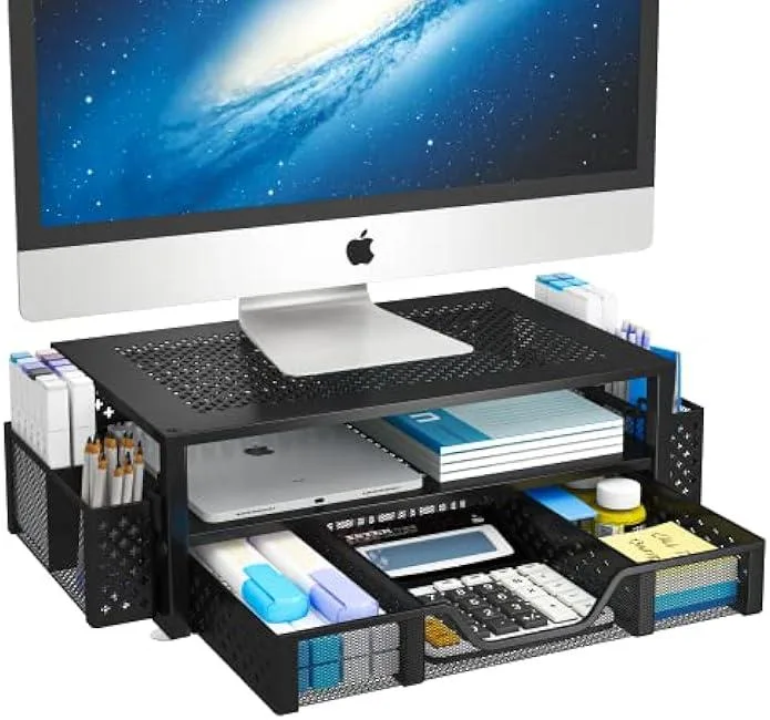 TAURKENAM TAURKENAM 2 Tier Metal Monitor Stand with Drawer and Pen Holder Black — product photo