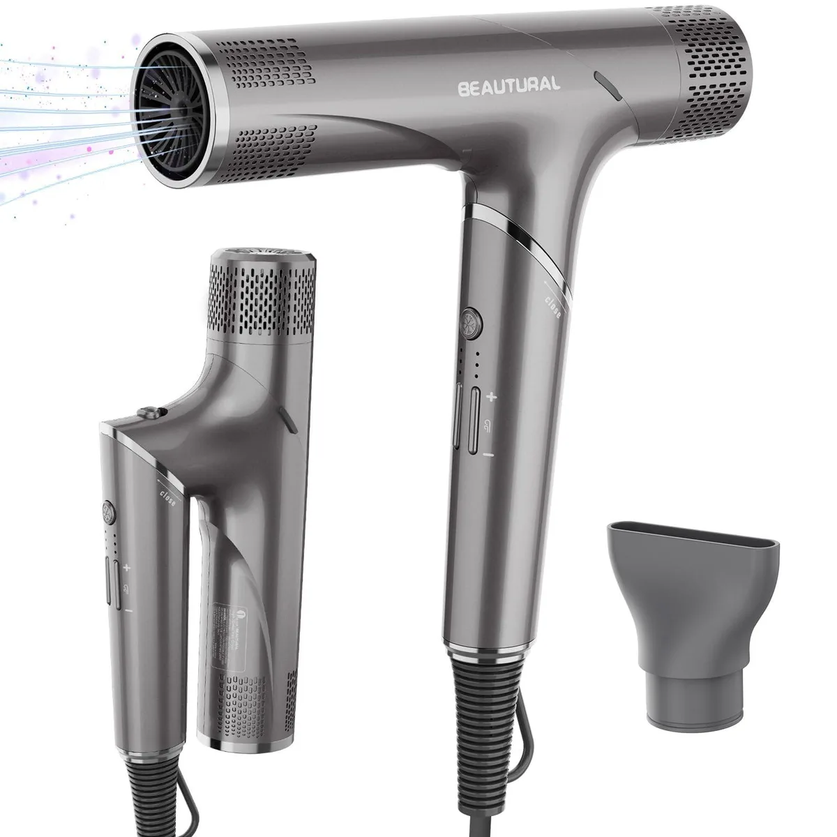 Gray foldable hair dryer with compact handle, corded electric
