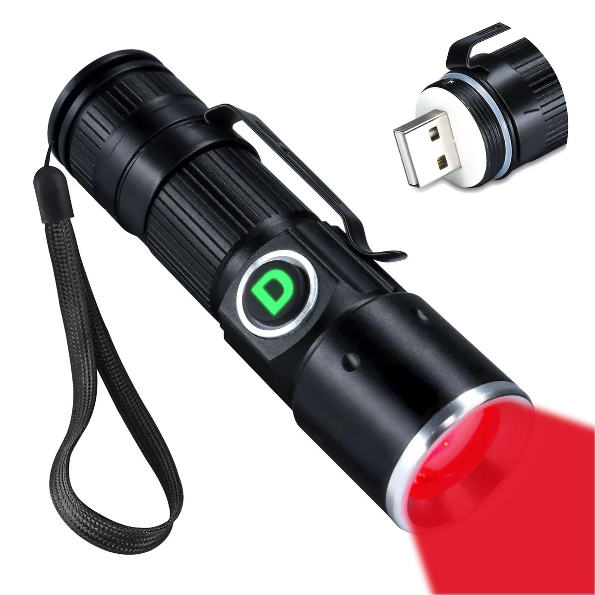 Red aluminium mini torch, pocket clip, USB port visible