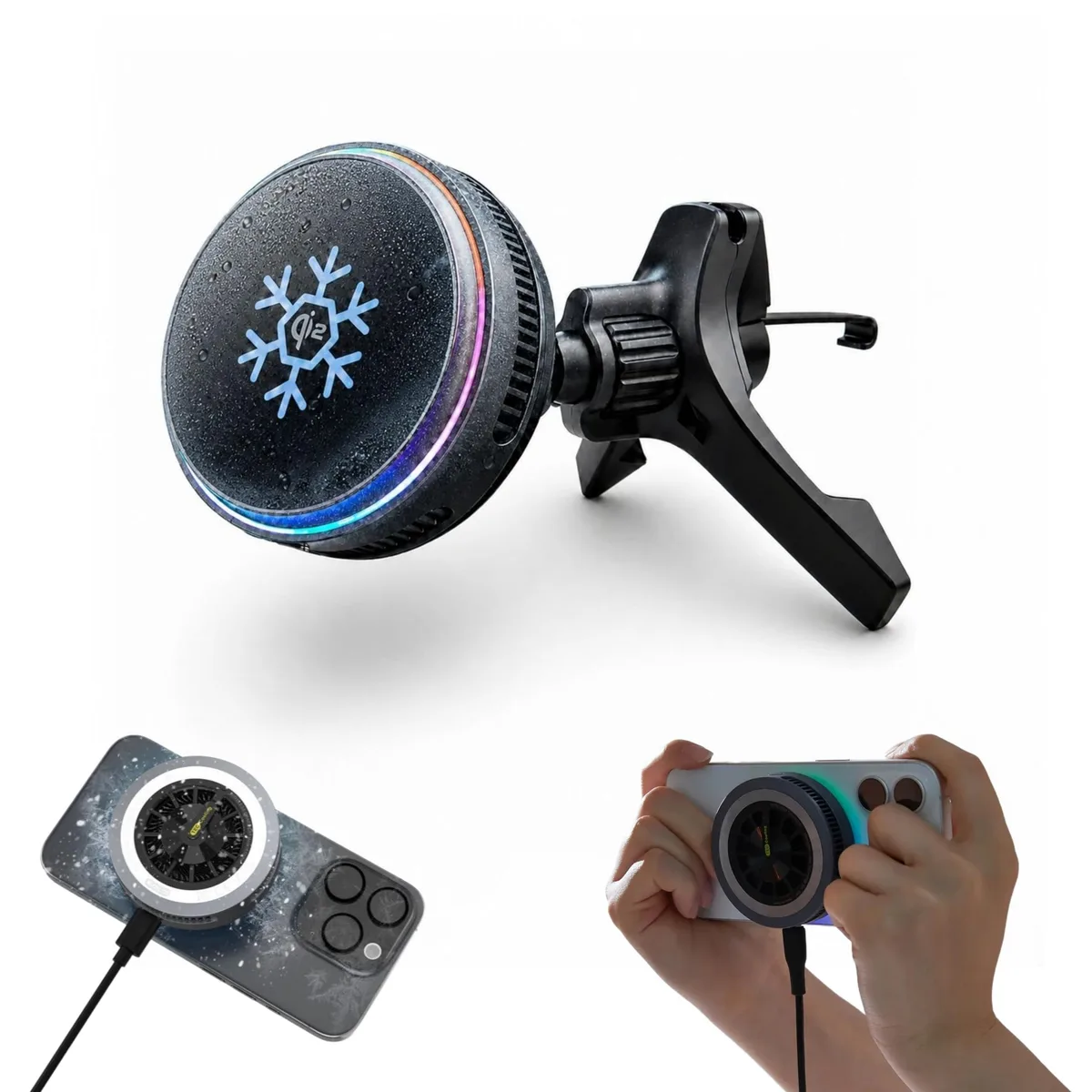 Black Qi2 magnetic wireless car mount with vent clip and Peltier cooling fan