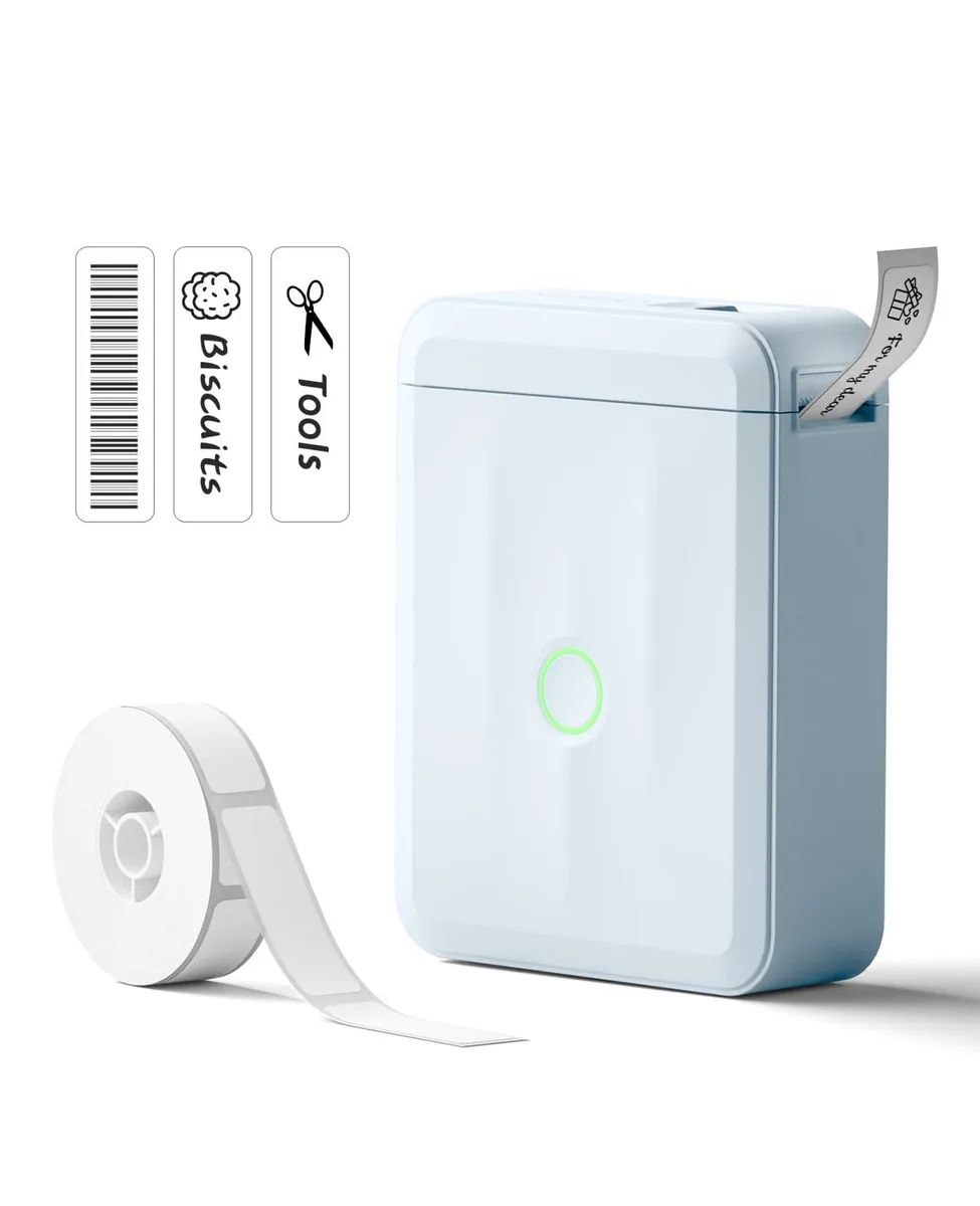 Compact blue thermal label printer with USB port and Bluetooth, pocket-sized for portable use