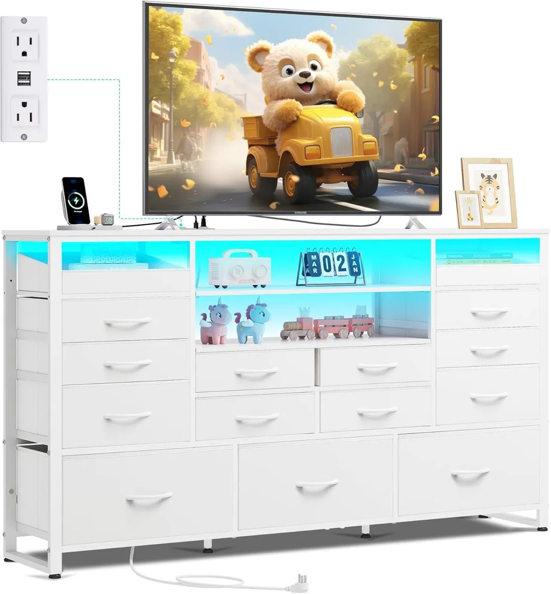 White 15-drawer fabric dresser with LED lighting, wooden top and metal frame