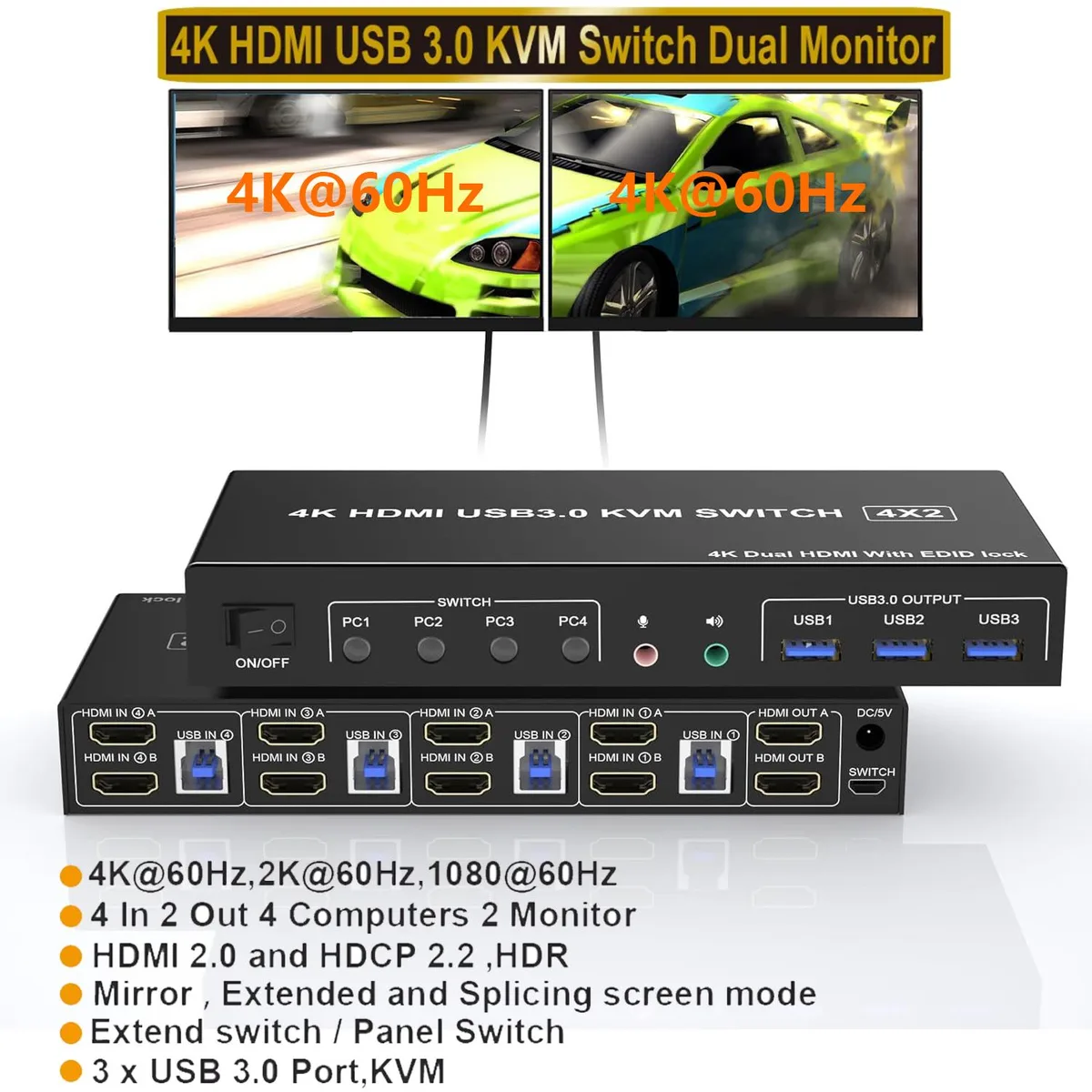 IHDAPP IHDAPP 4K@60Hz HDMI KVM Switch 2 Monitors 4 Computers — product photo