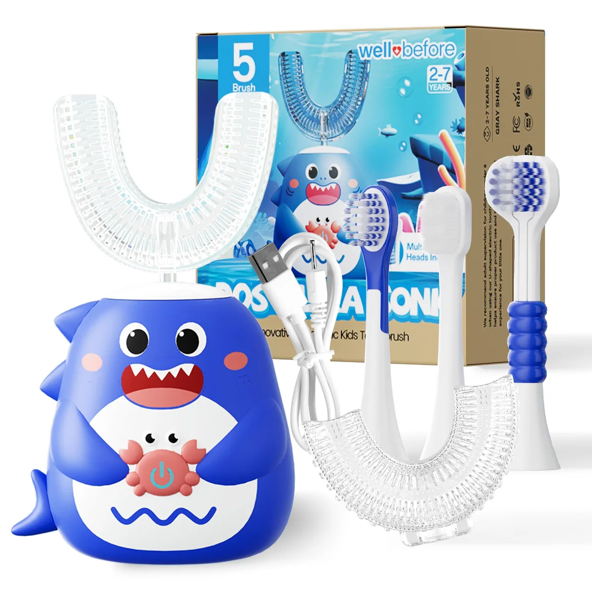 Blue U-shaped kids electric toothbrush with silicone brush heads