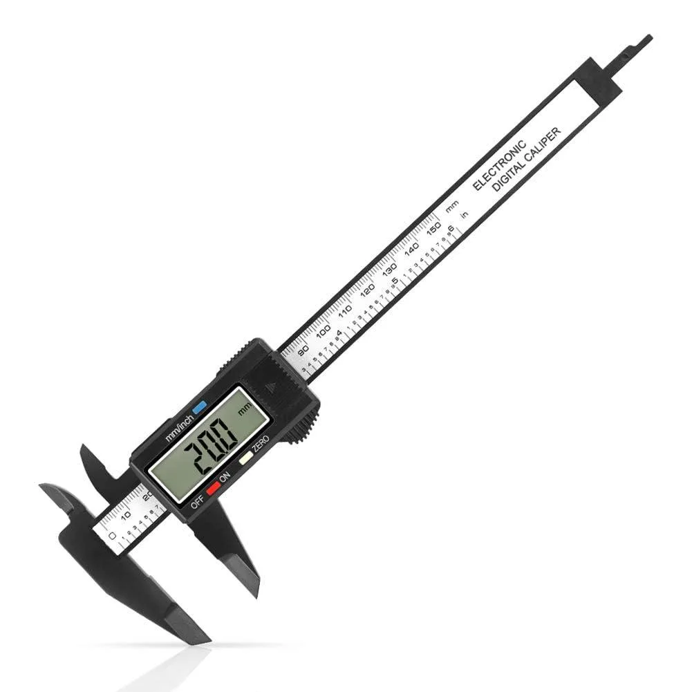 White plastic digital caliper with large LCD screen and sliding jaw on carbon fiber composite body