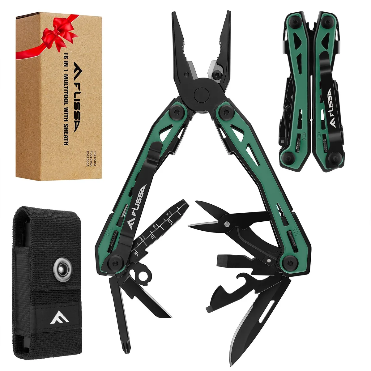Blue 16-in-1 multitool pliers folded, 4.13 inch long, stainless steel with belt clip and Oxford pouch