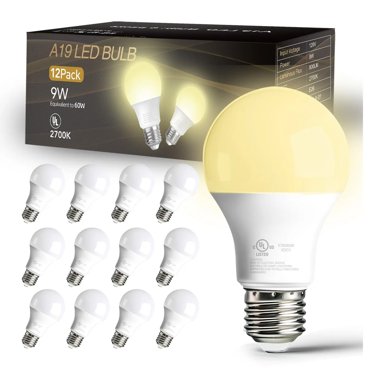  dalattin A19 LED Bulb 2700K 9W 800lm E26 12 Pack — product photo