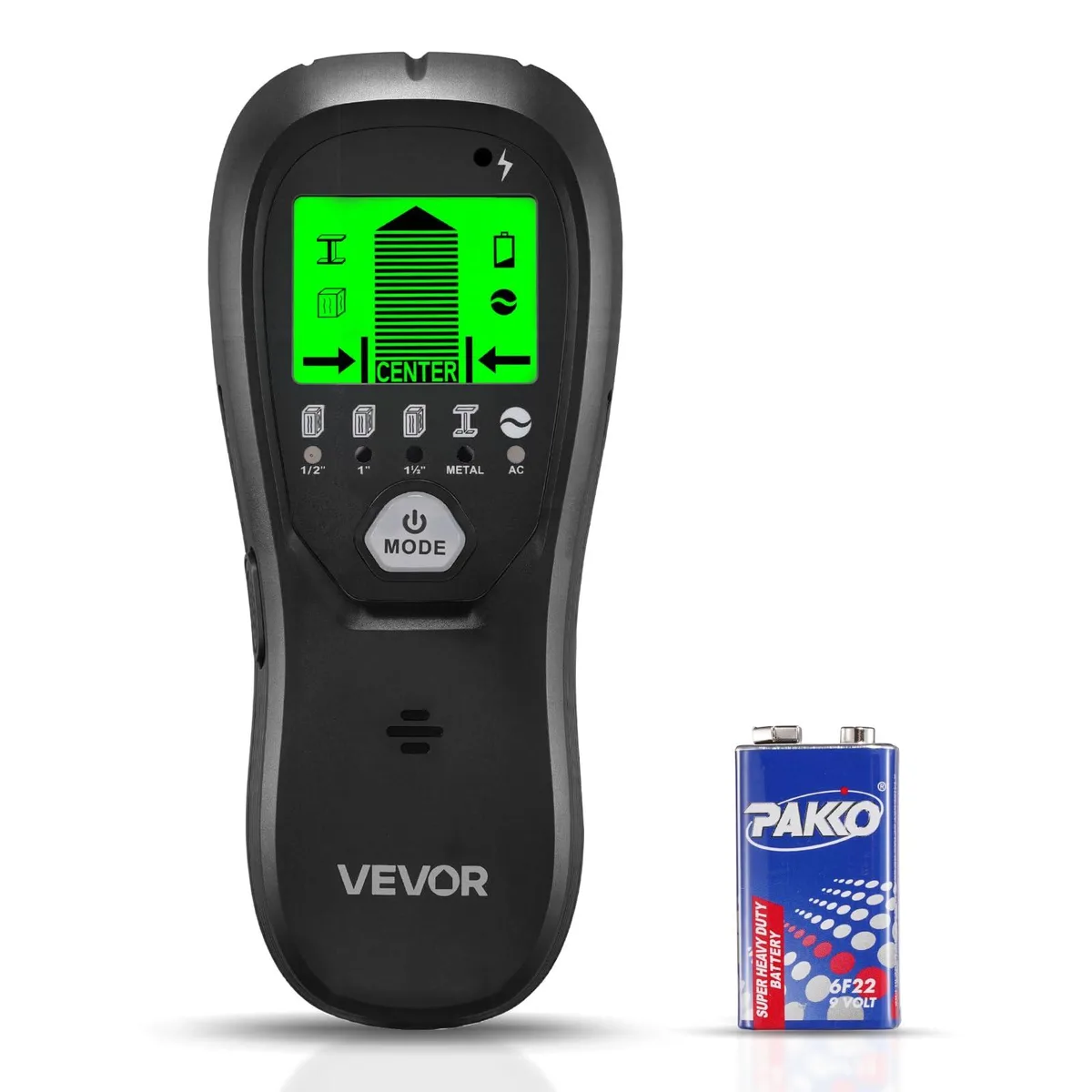 Black handheld stud finder with backlit LCD display
