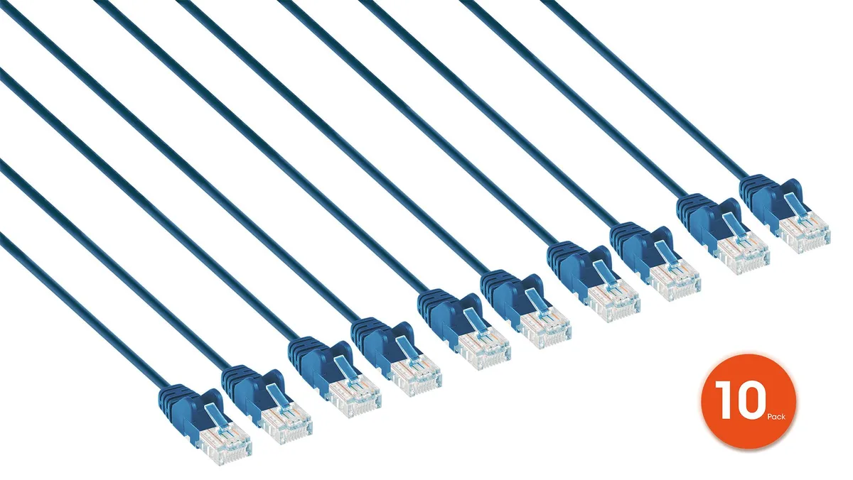 Ten blue slim Cat6 patch cables with snag-free RJ45 connectors