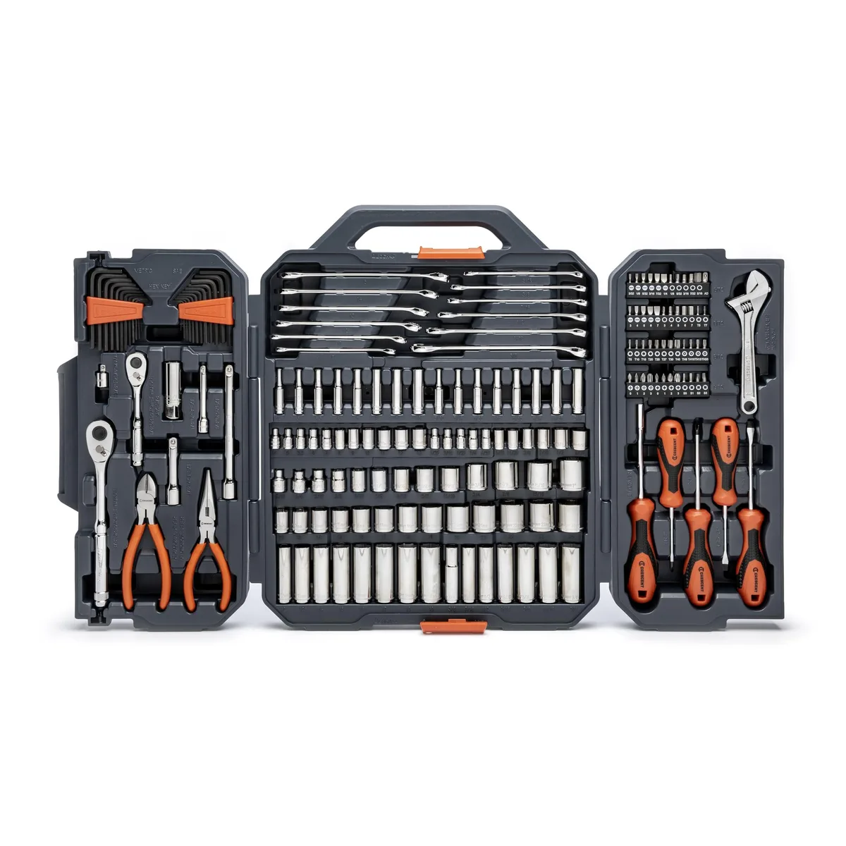 Red metal tool case with 180-piece Crescent set visible inside