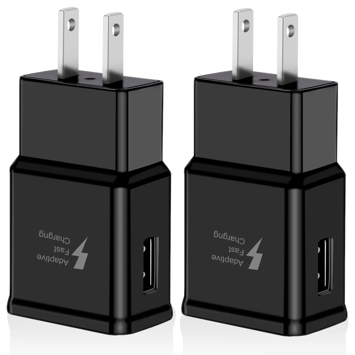 Two black USB wall chargers with foldable plugs