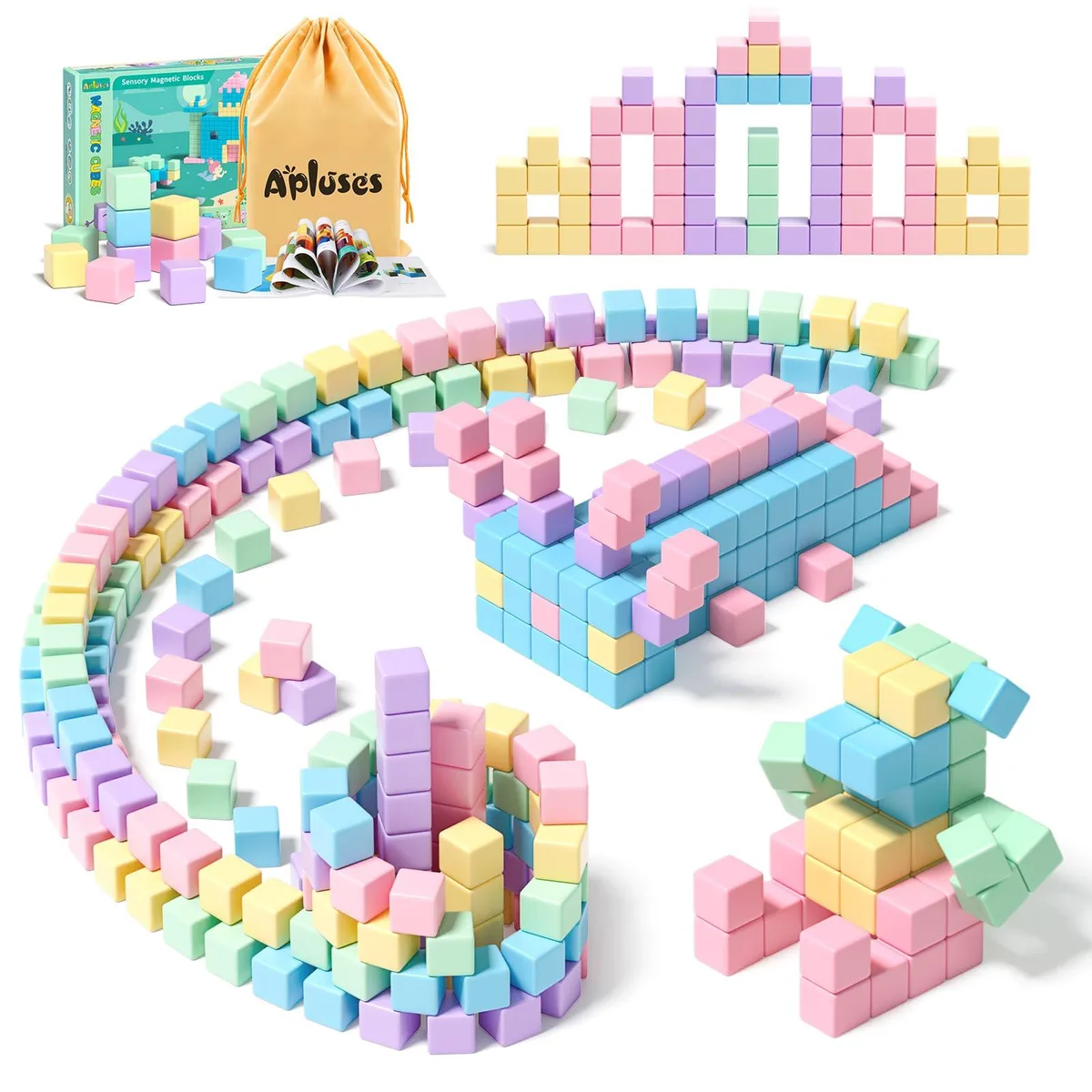 A set of 45 colourful magnetic plastic cubes in a storage bag