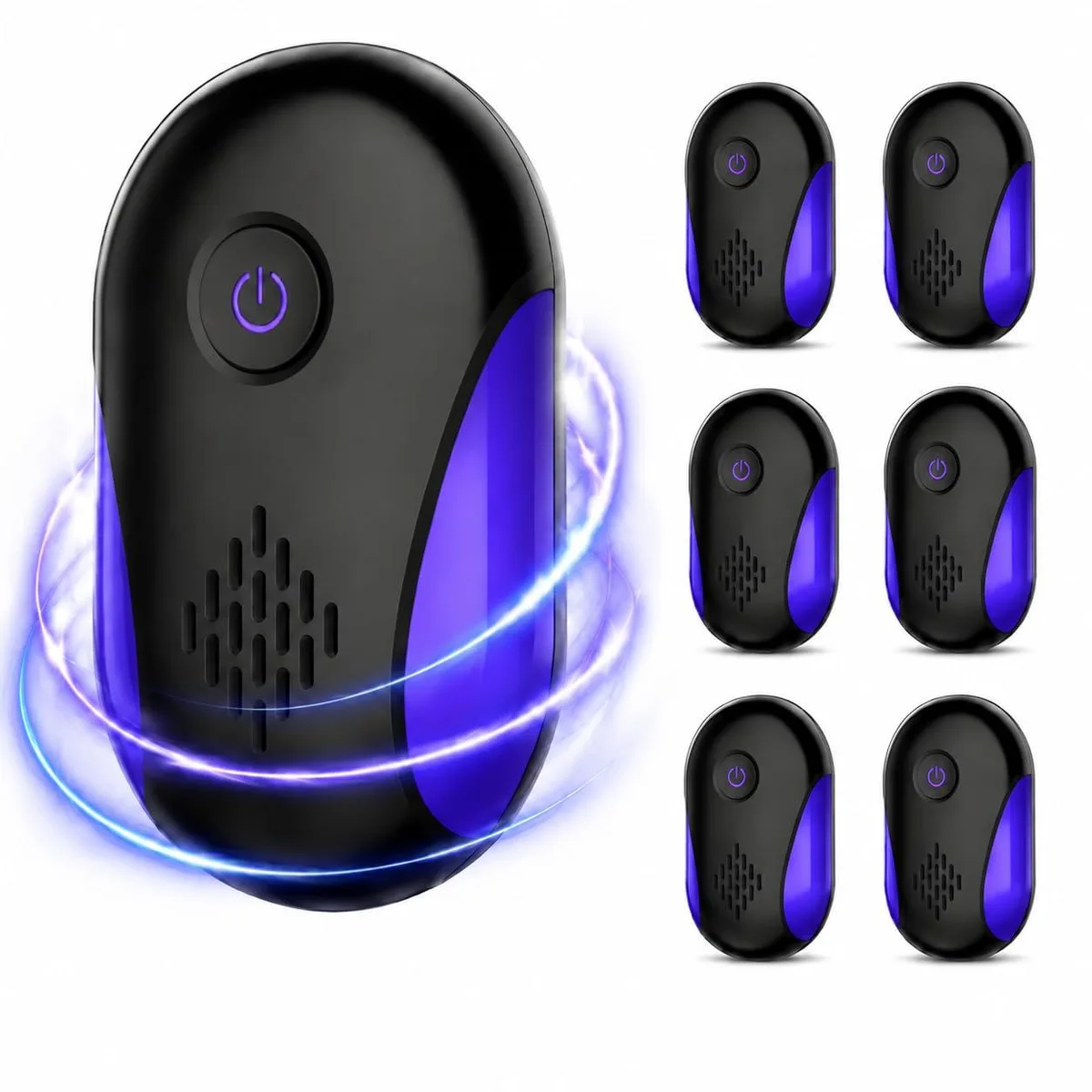 Six black ultrasonic pest-repellent plug-in units