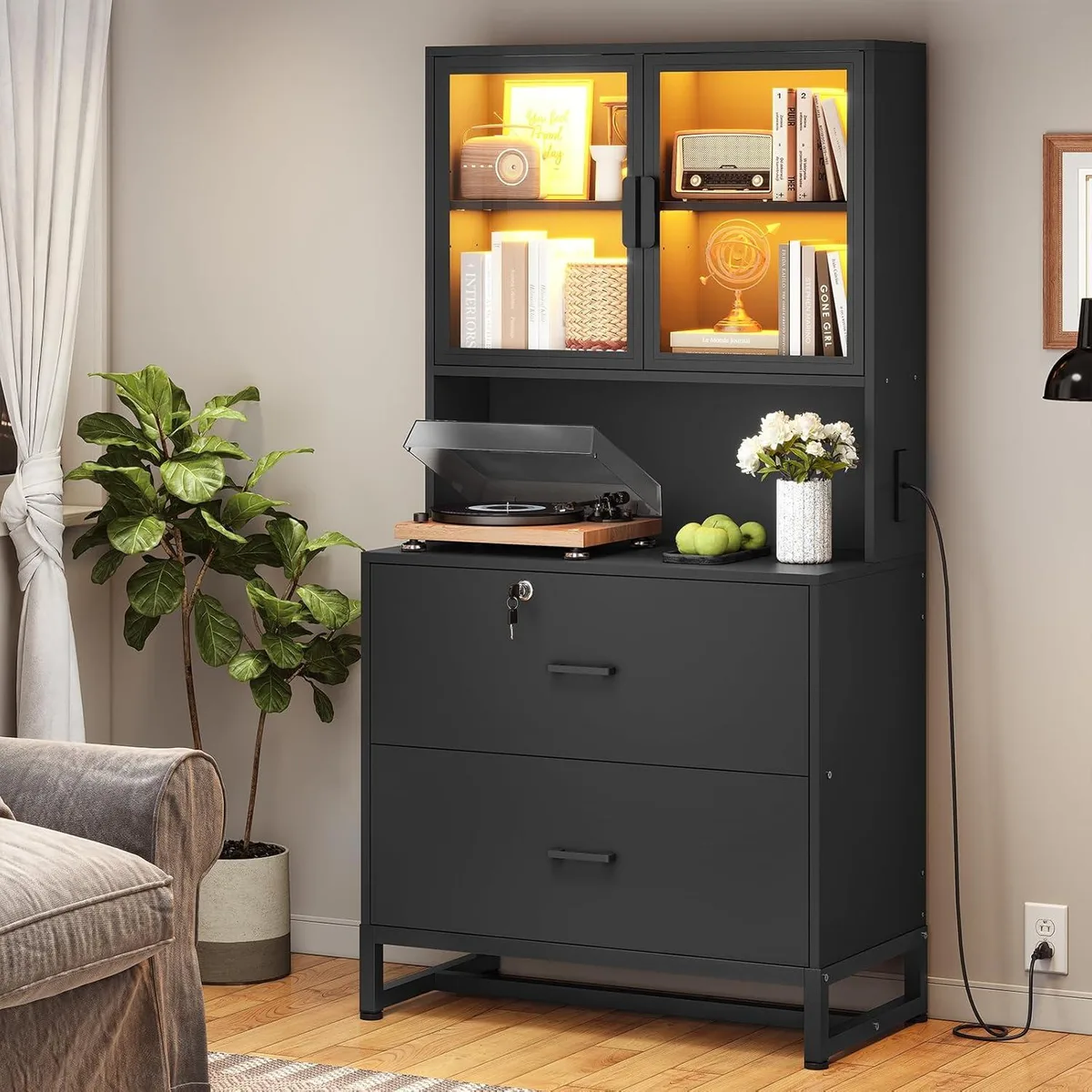 BFKK BFKK 2-Drawer File Cabinet with Lock, Charging Station, Bookshelf & LED Light, Black — product photo