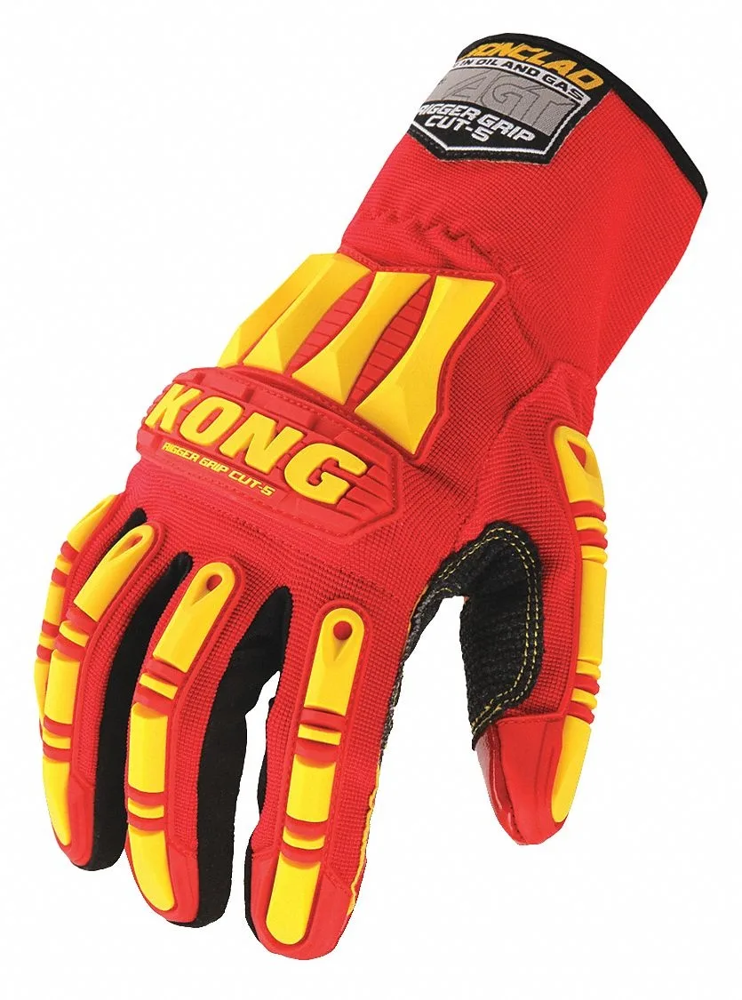 Red nylon and spandex impact gloves with TPR knuckle guards and silicone-coated palm