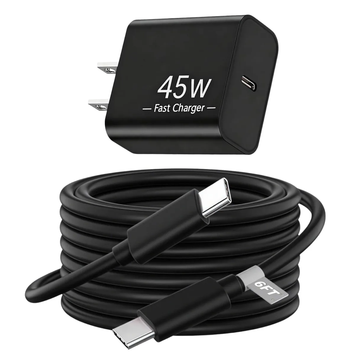 Black 45W USB-C wall charger with 6.6ft USB-C to USB-C cable