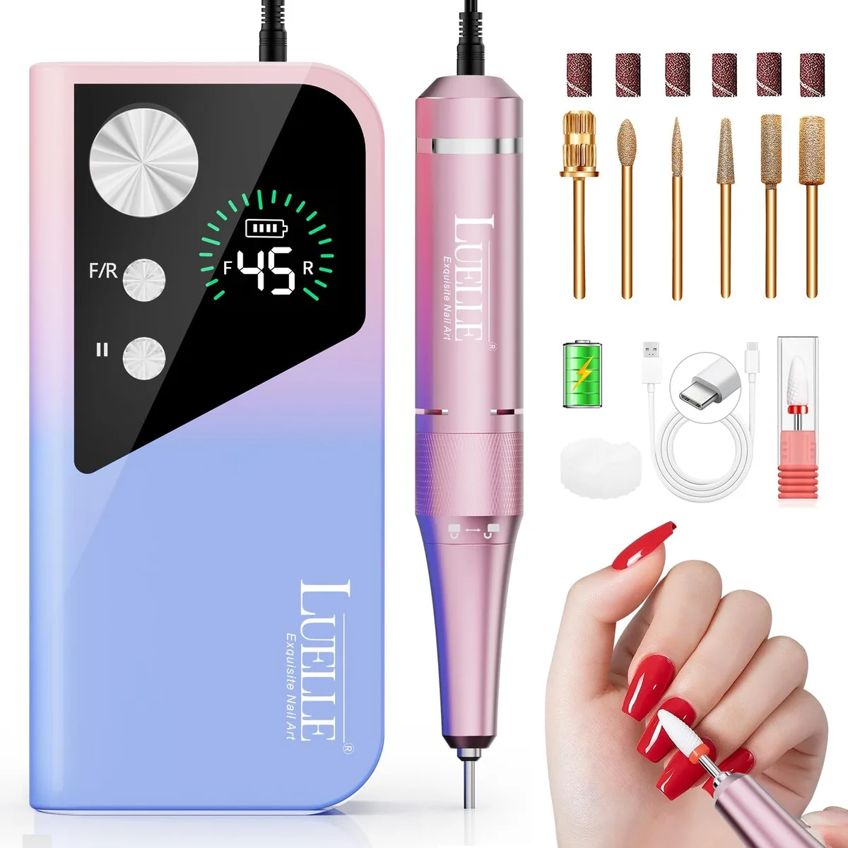 Cordless nail drill handpiece with gold bit set in case