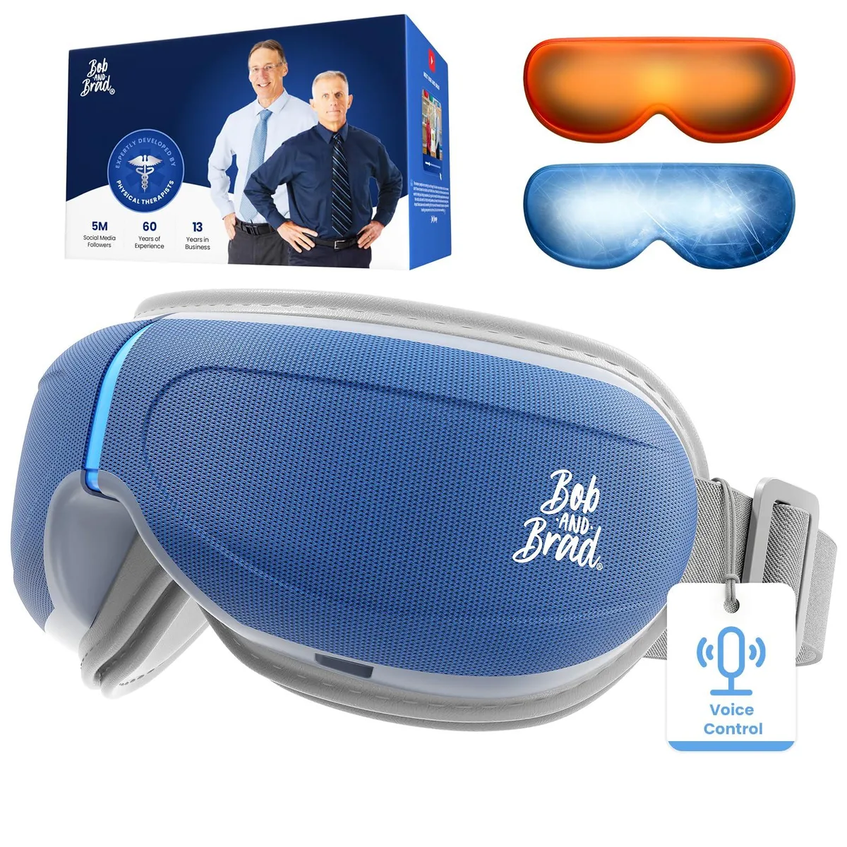 Blue eye massager mask with soft padding and contoured shape