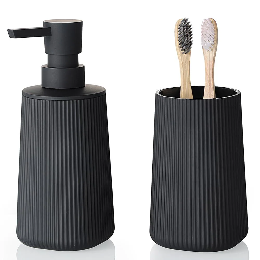 Decolav 2-Piece Bath Storage Set Soap Dispenser Toothbrush Holder Striped Black ABS — product photo
