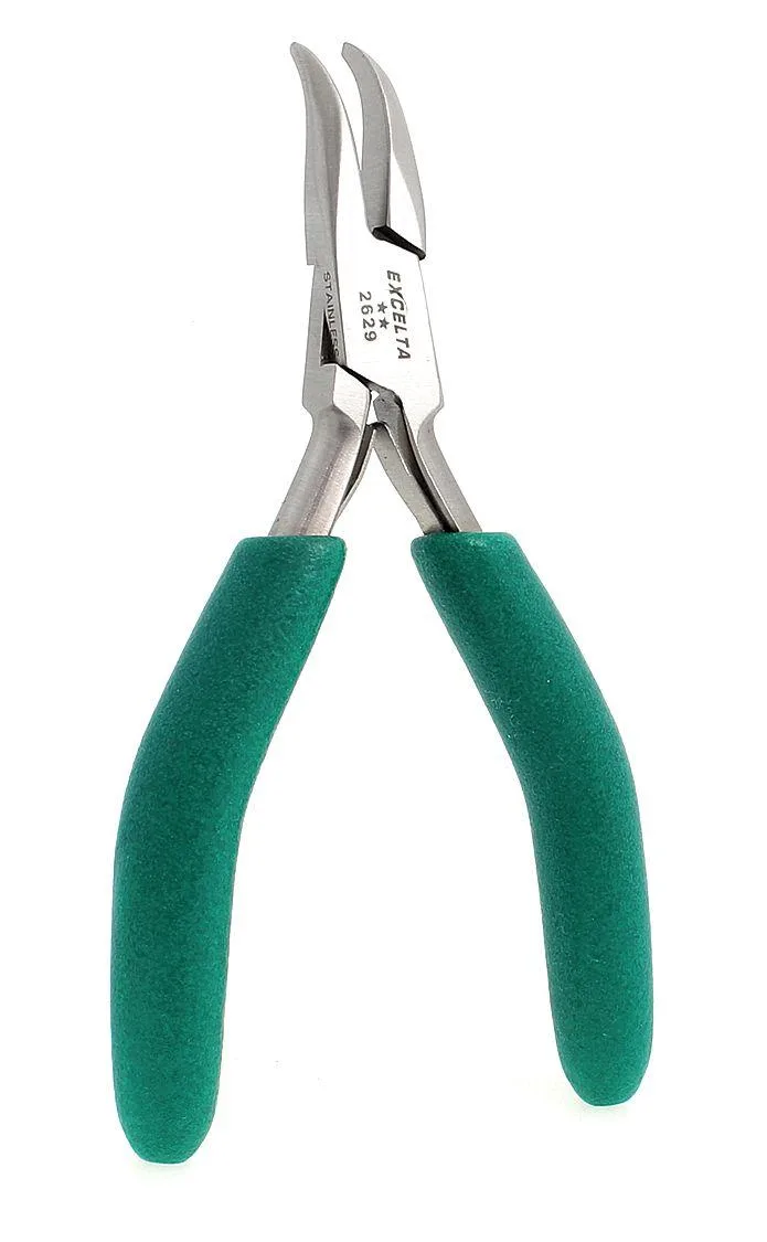 Teal-handled stainless steel bent long-nose pliers with 60-degree jaw angle and foam cushion grips