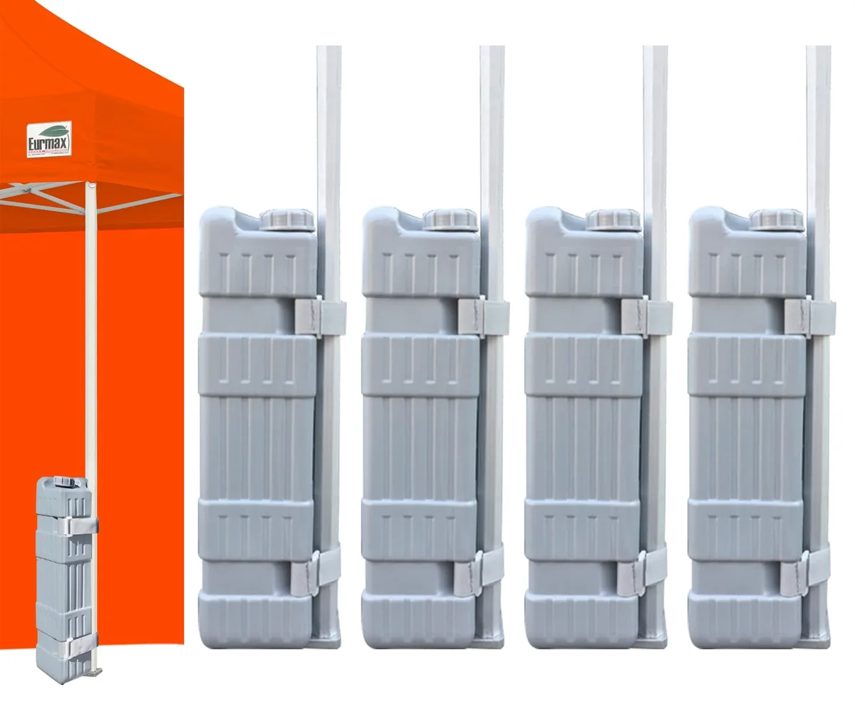 Four white plastic canopy weight bottles with hook-and-loop straps, 14.33in wide, 12.83in high, 9.06in deep