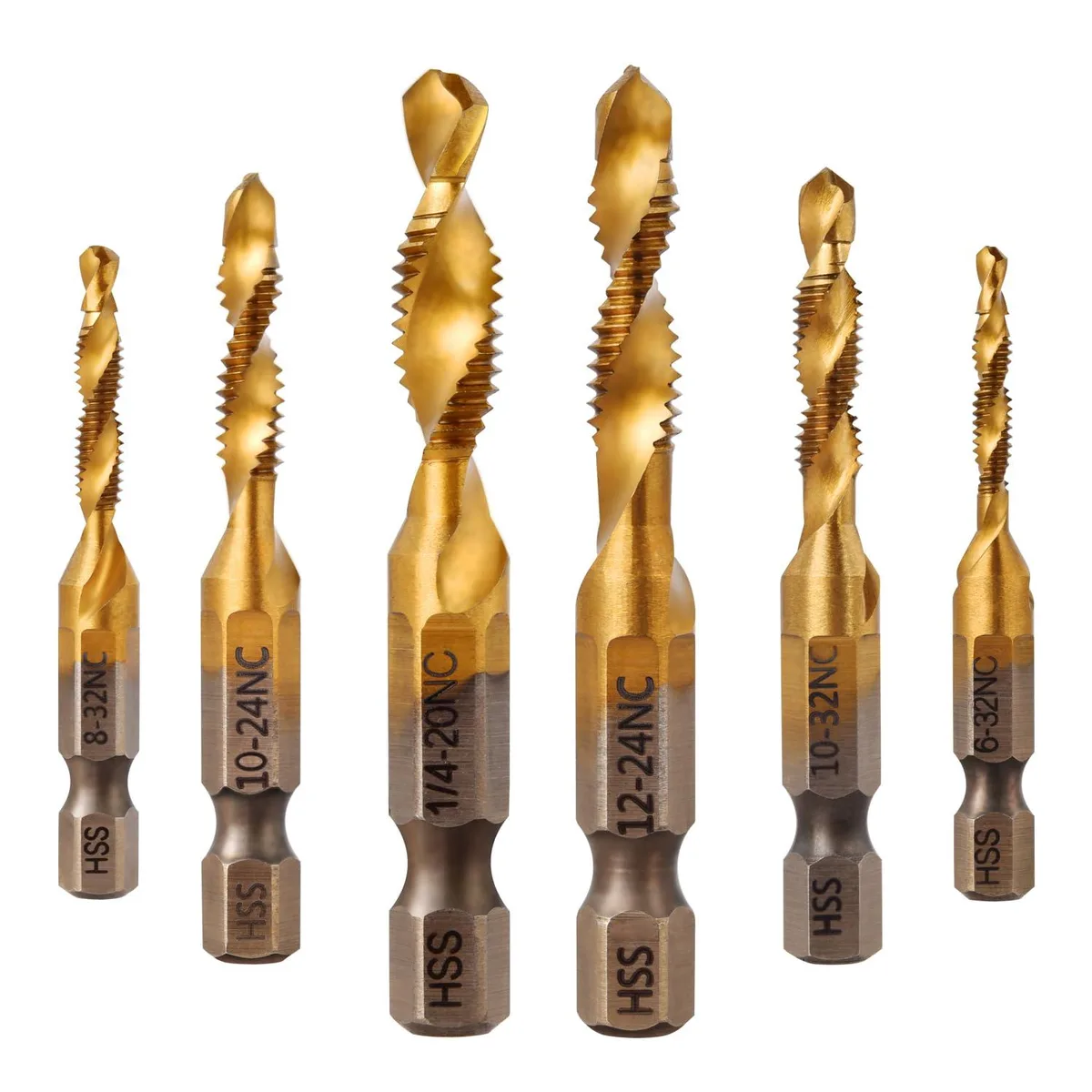 Six titanium-coated drill tap bits with hex shanks