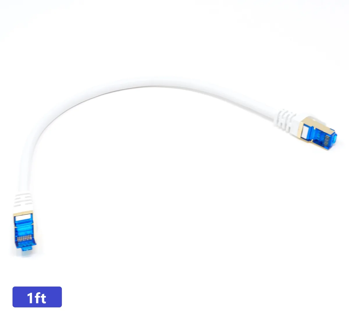 White round Cat 7 Ethernet patch cable with RJ45 connectors, 1 ft length