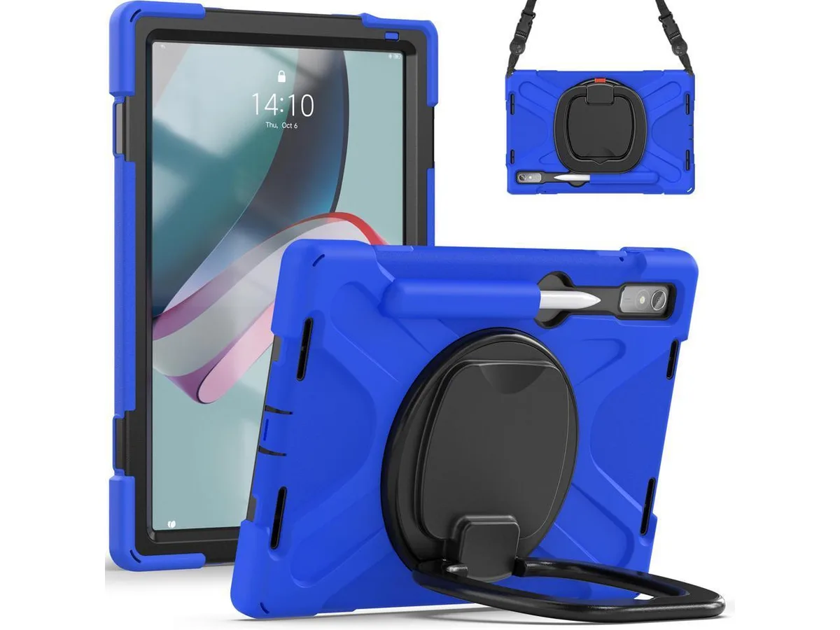 Blue rugged case for 11.2 inch Lenovo Tab P11 Pro 2nd Gen with hand strap and kickstand