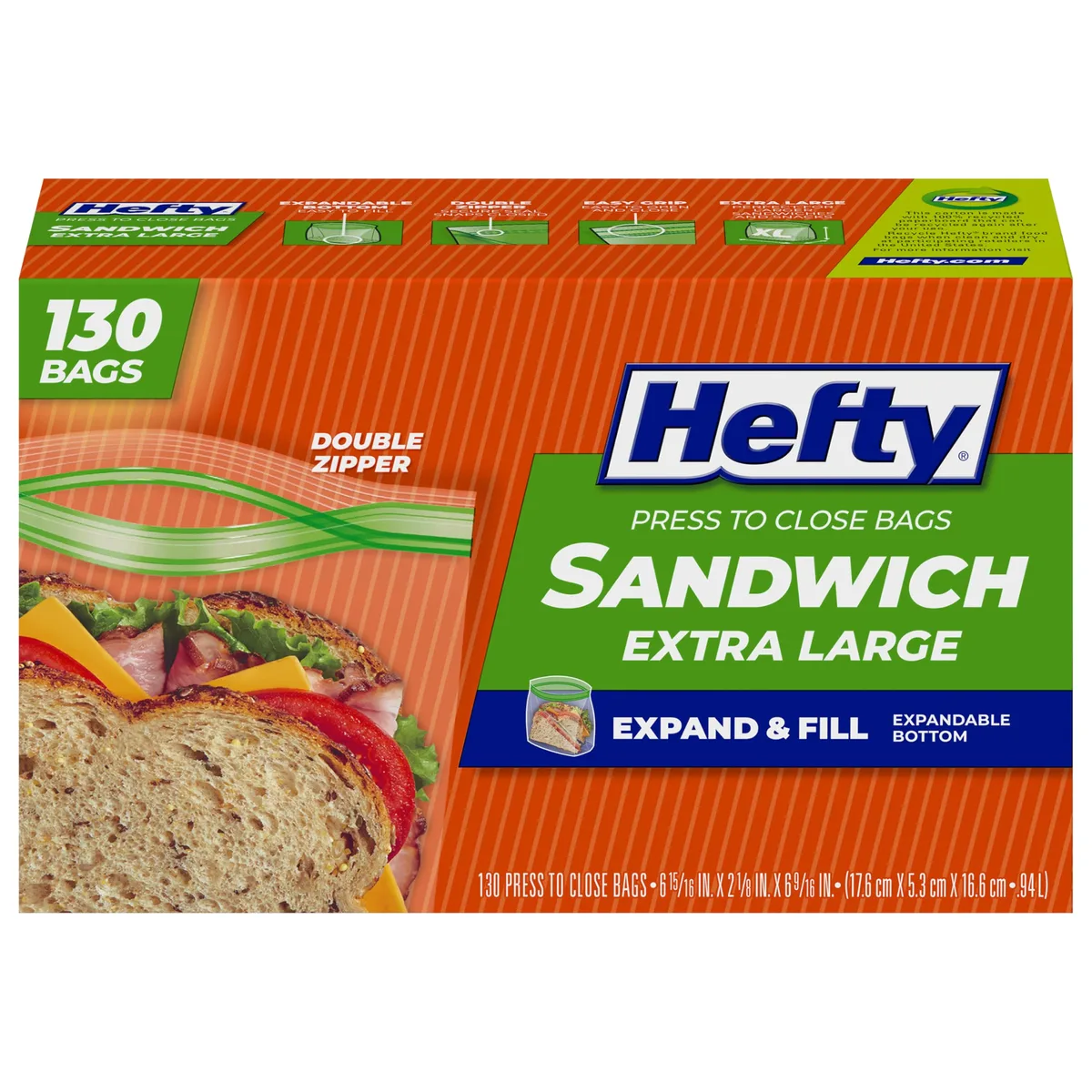 Rectangular cardboard box printed with Hefty branding containing 130 resealable plastic sandwich bags
