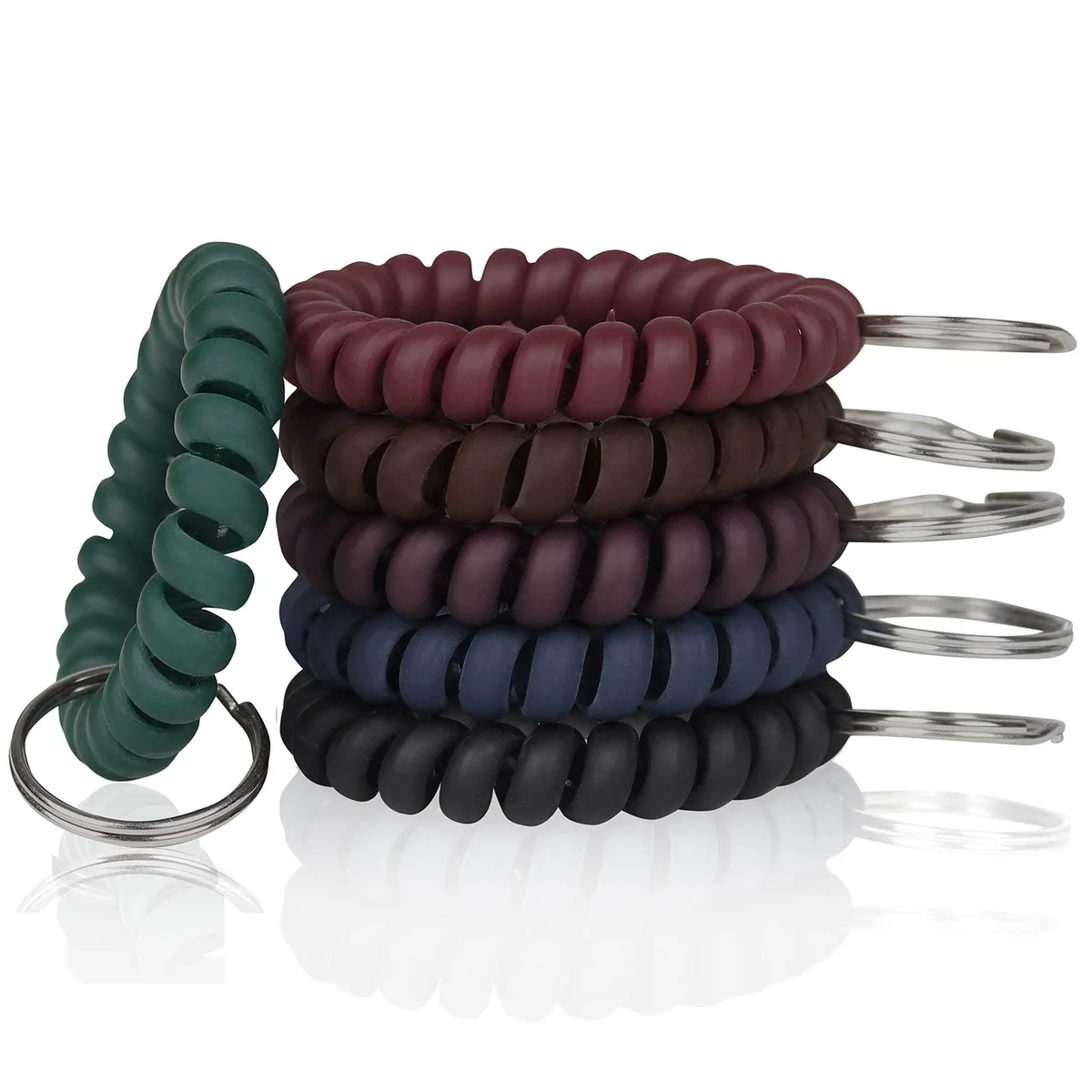 Six black and blue plastic spiral wrist coils with metal key rings