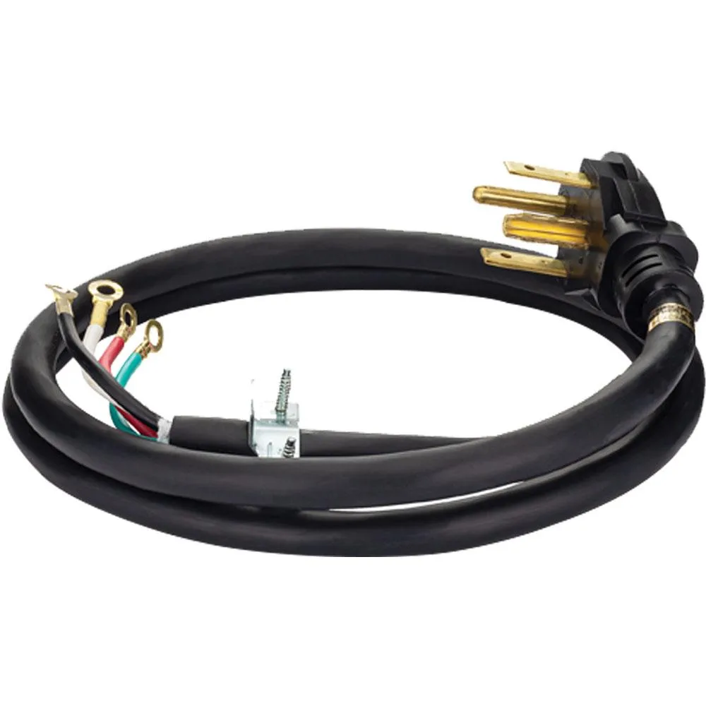 Black 4-prong dryer cord with right-angle plug and safety clamp