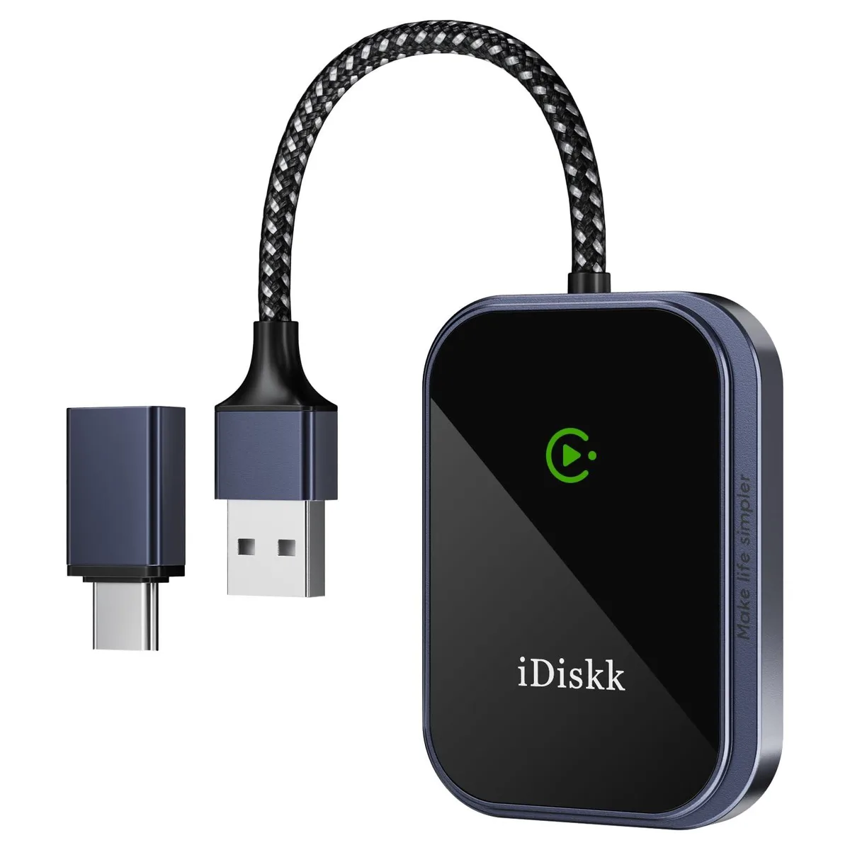 Small black rectangular dongle with USB-C plug, wireless CarPlay adapter