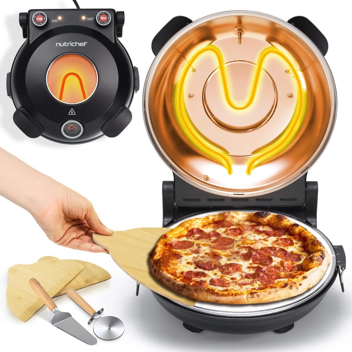 Black countertop pizza oven with viewing window and thermometer