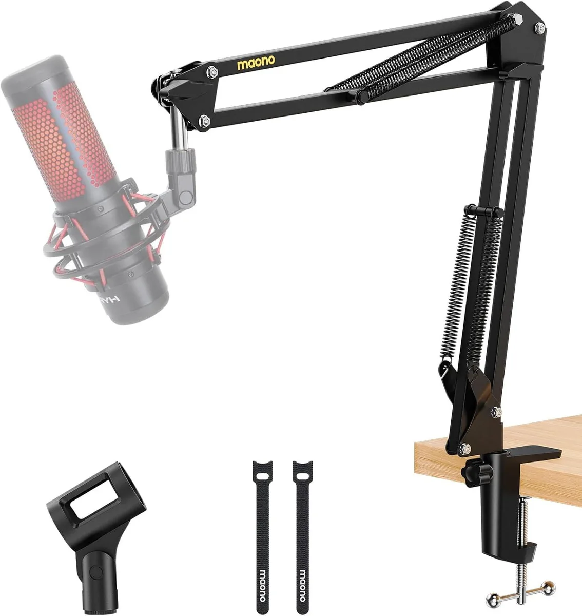 Black steel microphone boom arm with desk clamp and cable straps