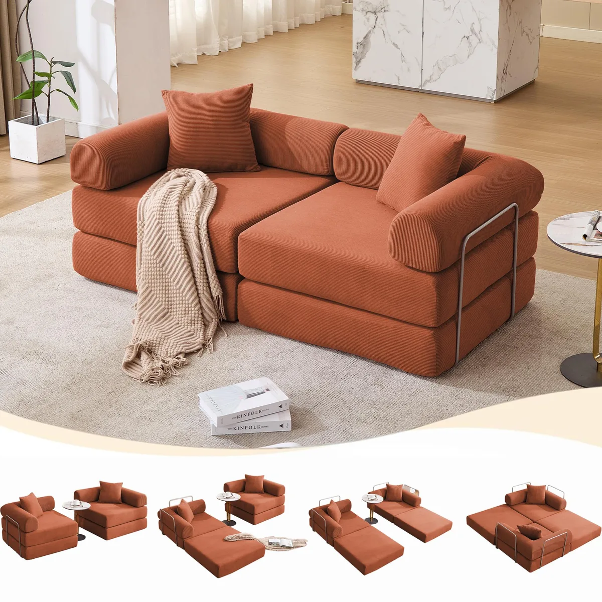 Orange corduroy modular sofa bed with four folding sections and removable armrests