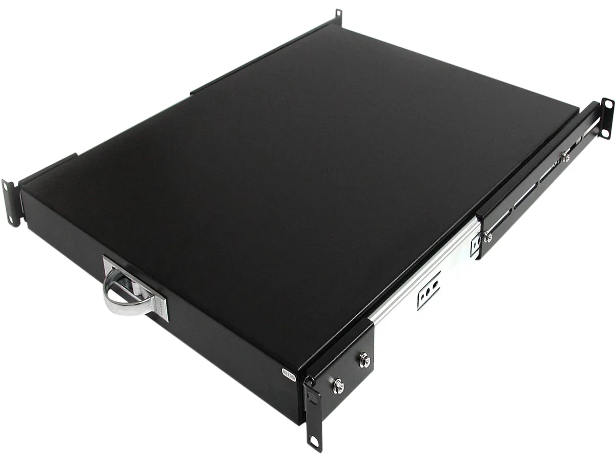 Black 1U sliding rack shelf, 22in deep, adjustable 20-24in mounting, 19in wide, 55lb capacity