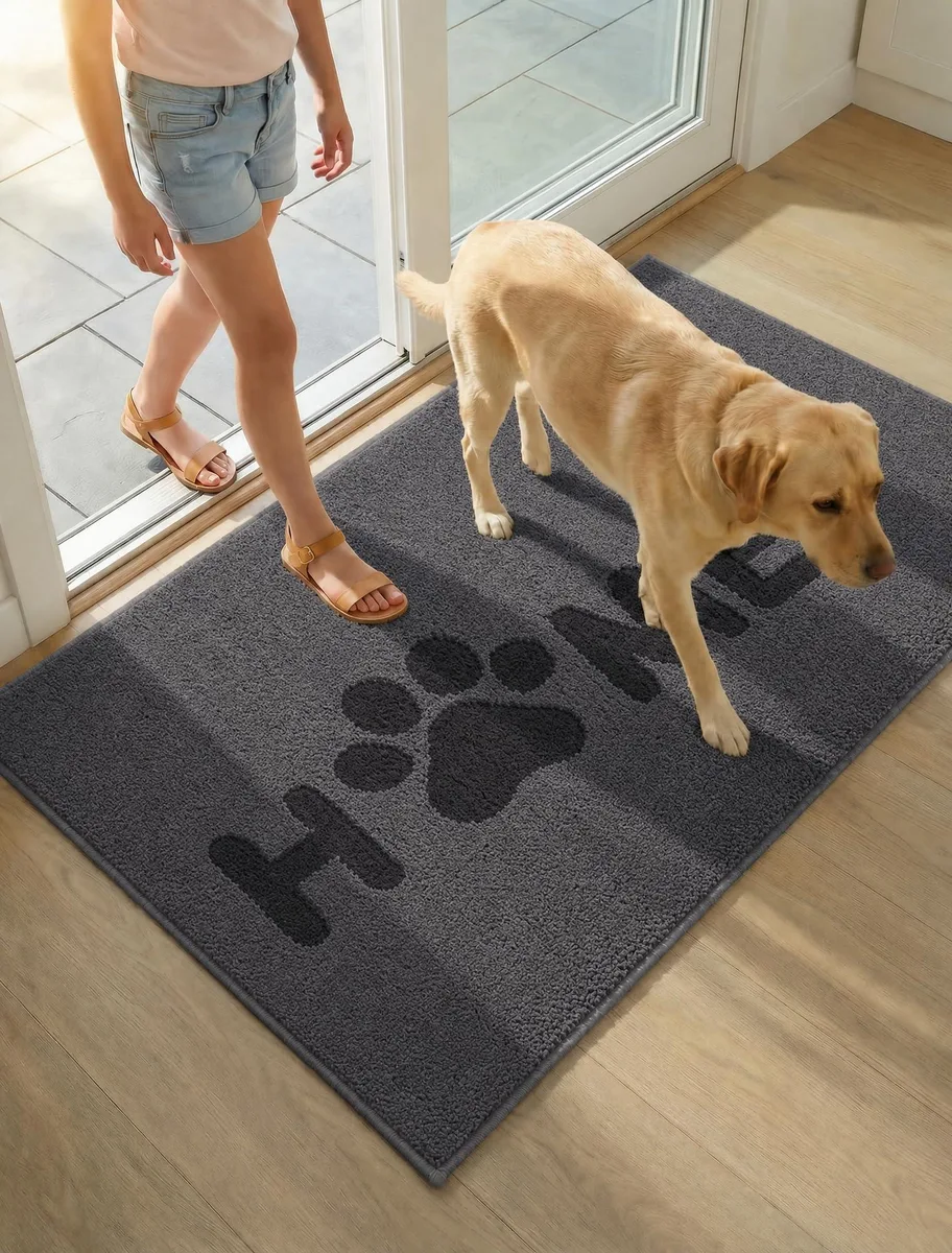 Grey rectangular door mat with paw-print pattern and low-profile rubber backing