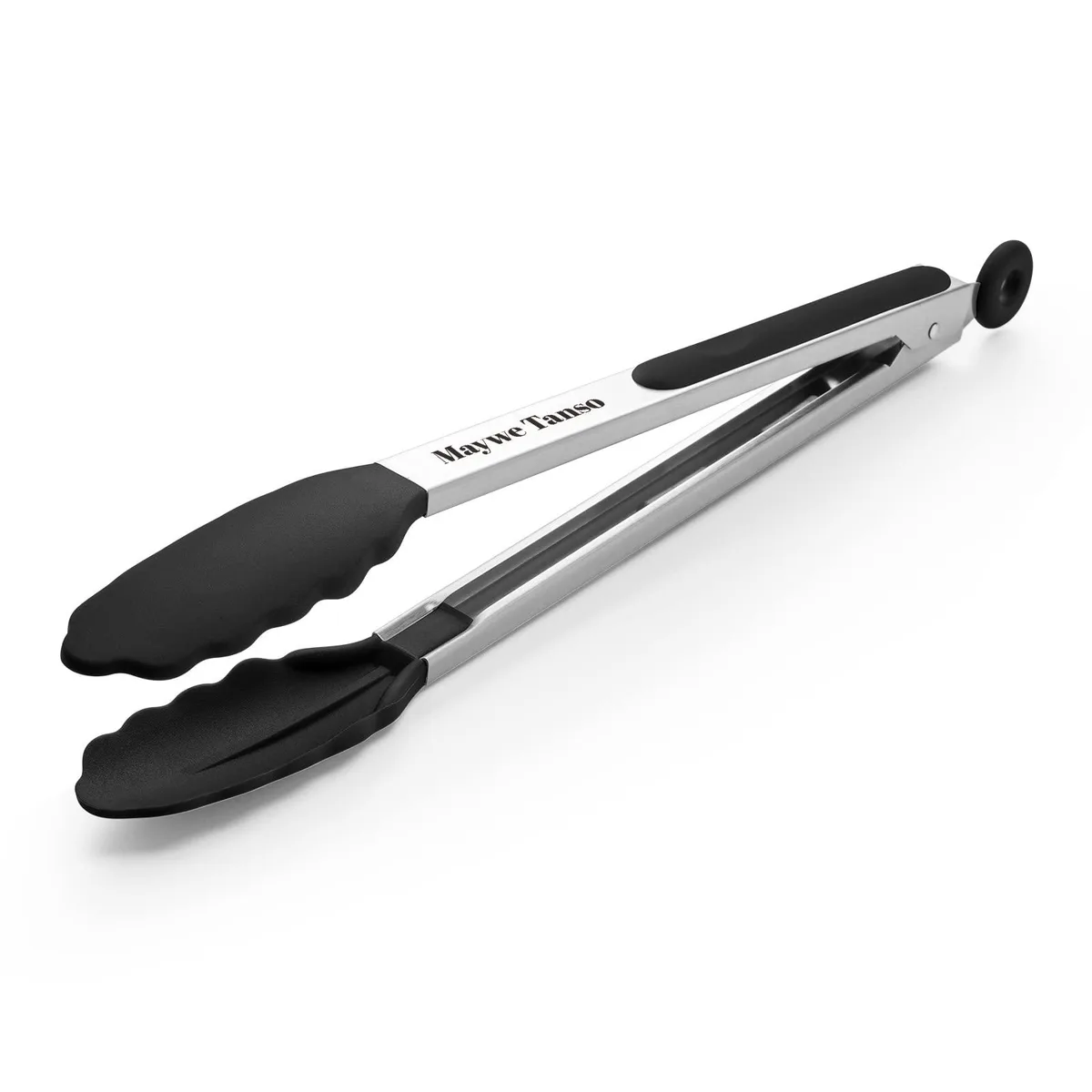 Black 12-inch stainless steel tongs with silicone tips and locking mechanism