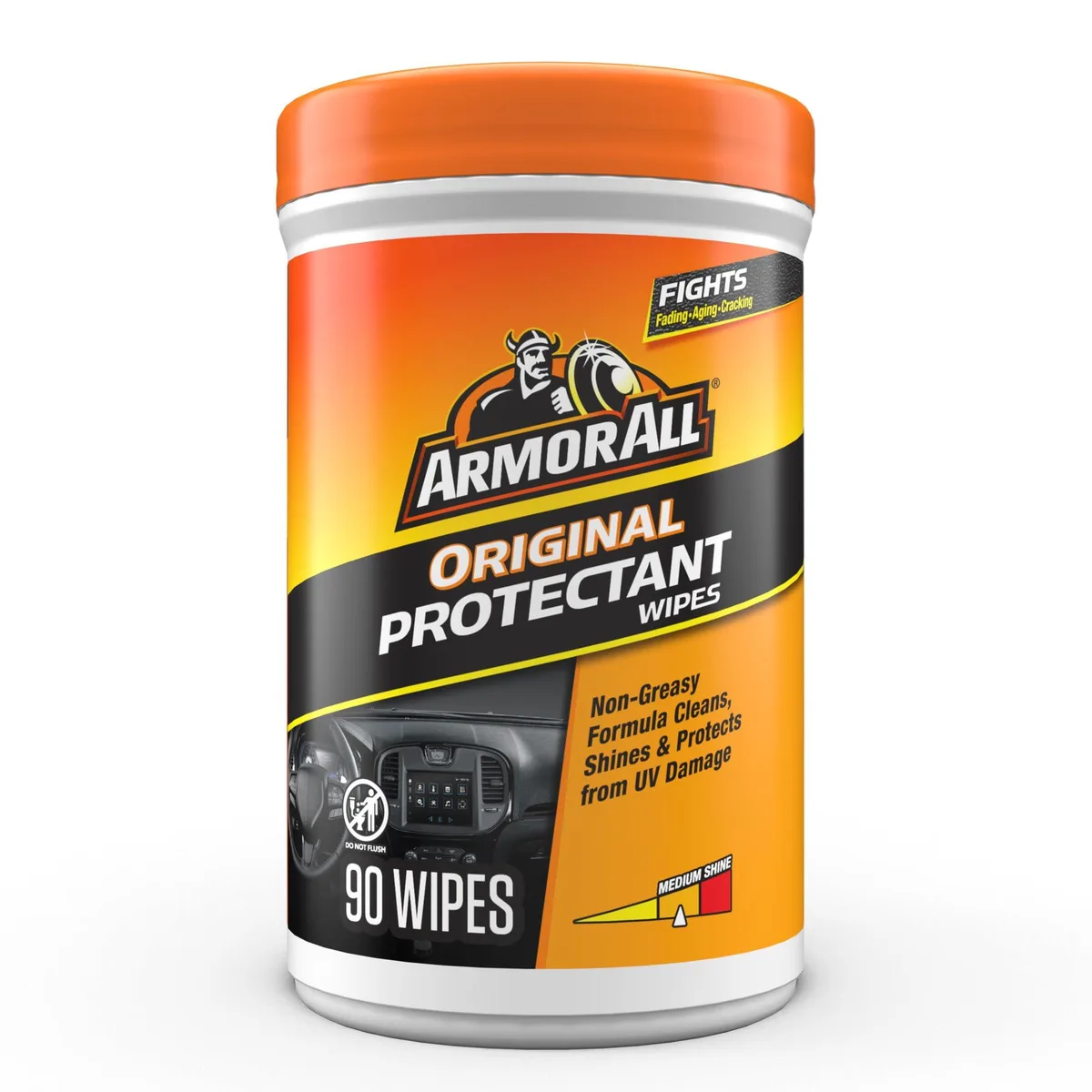 Cylindrical canister of 90 automotive interior protectant wipes