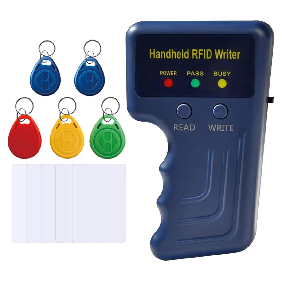 Handheld 125 kHz RFID reader writer with anti-slip grip, five keyfobs and five cards