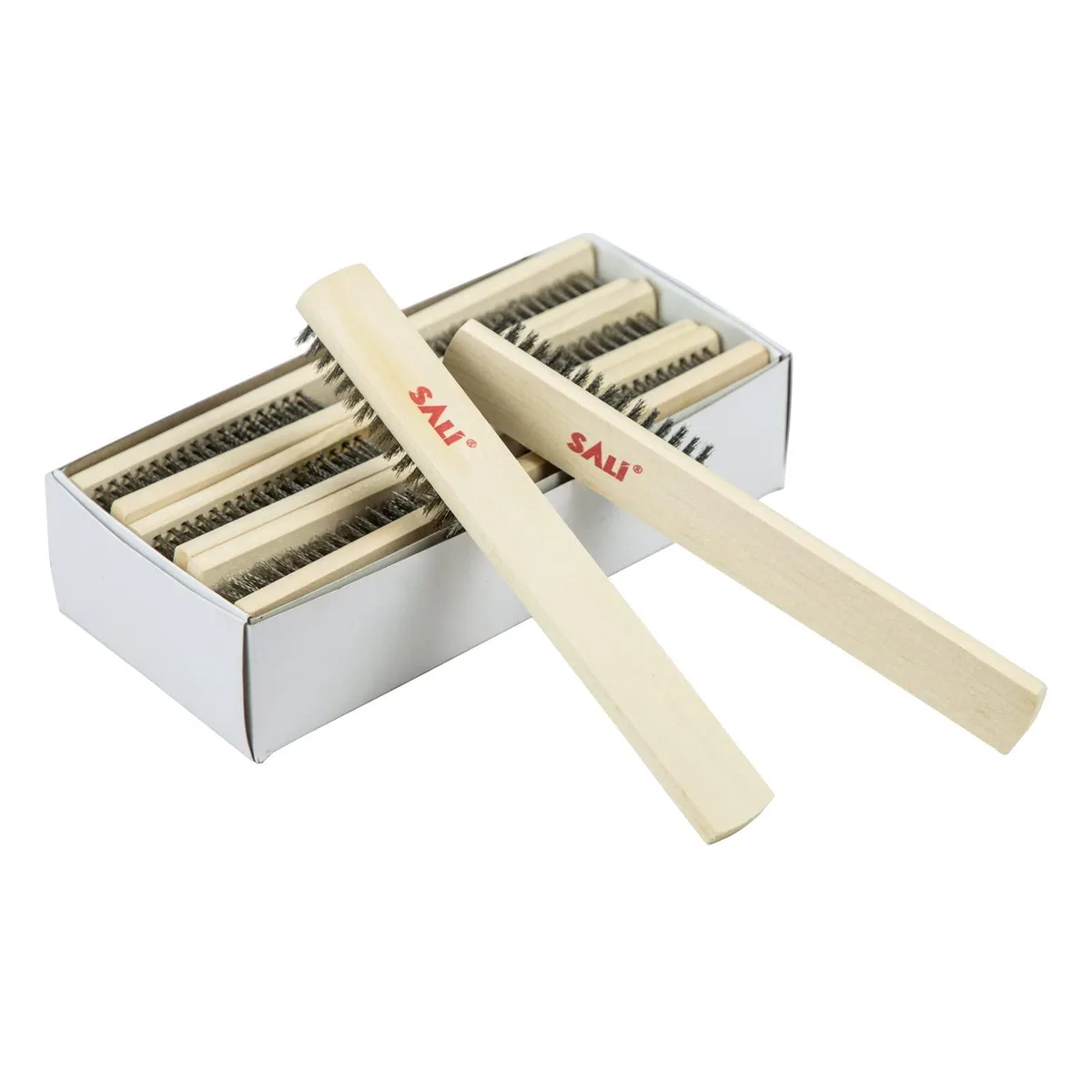 Twelve stainless steel wire brushes with curved beechwood handles