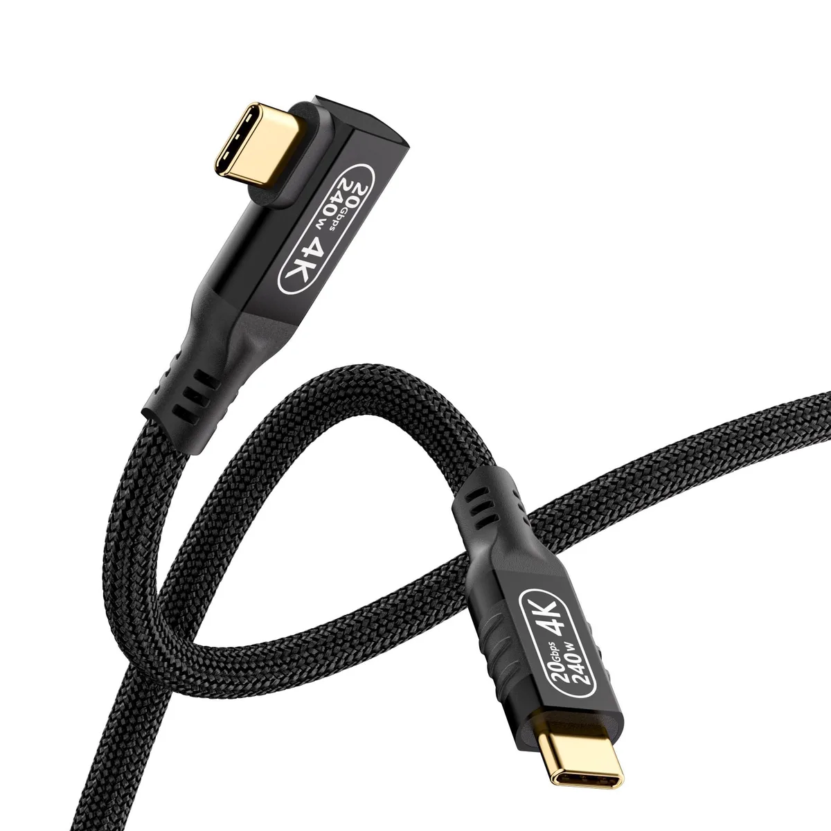 Braided USB-C cable with 90-degree angled connectors, 6.6ft length