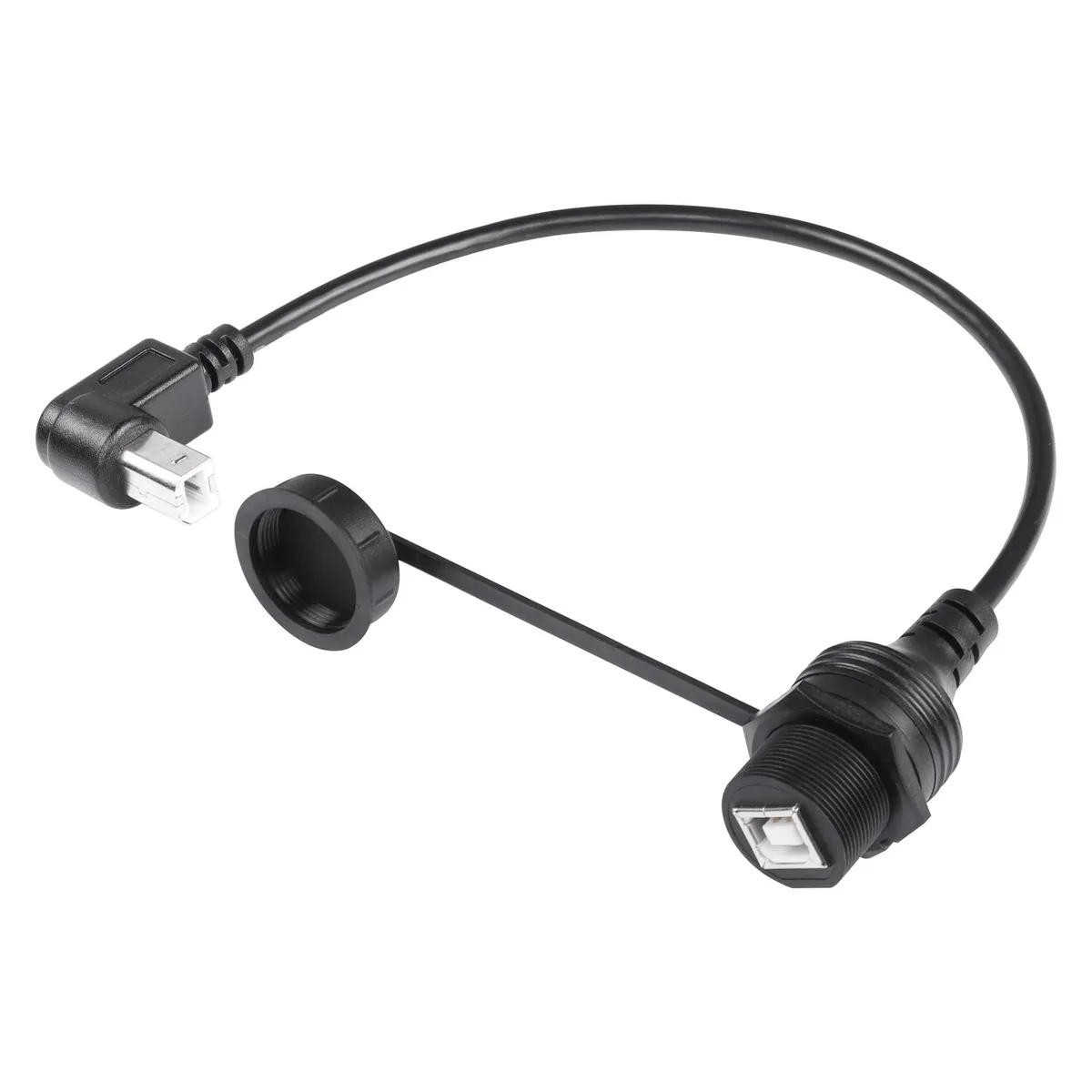 Black waterproof USB Type-B panel-mount cable with 90-degree male connector, rubber cover and flush-mount hardware