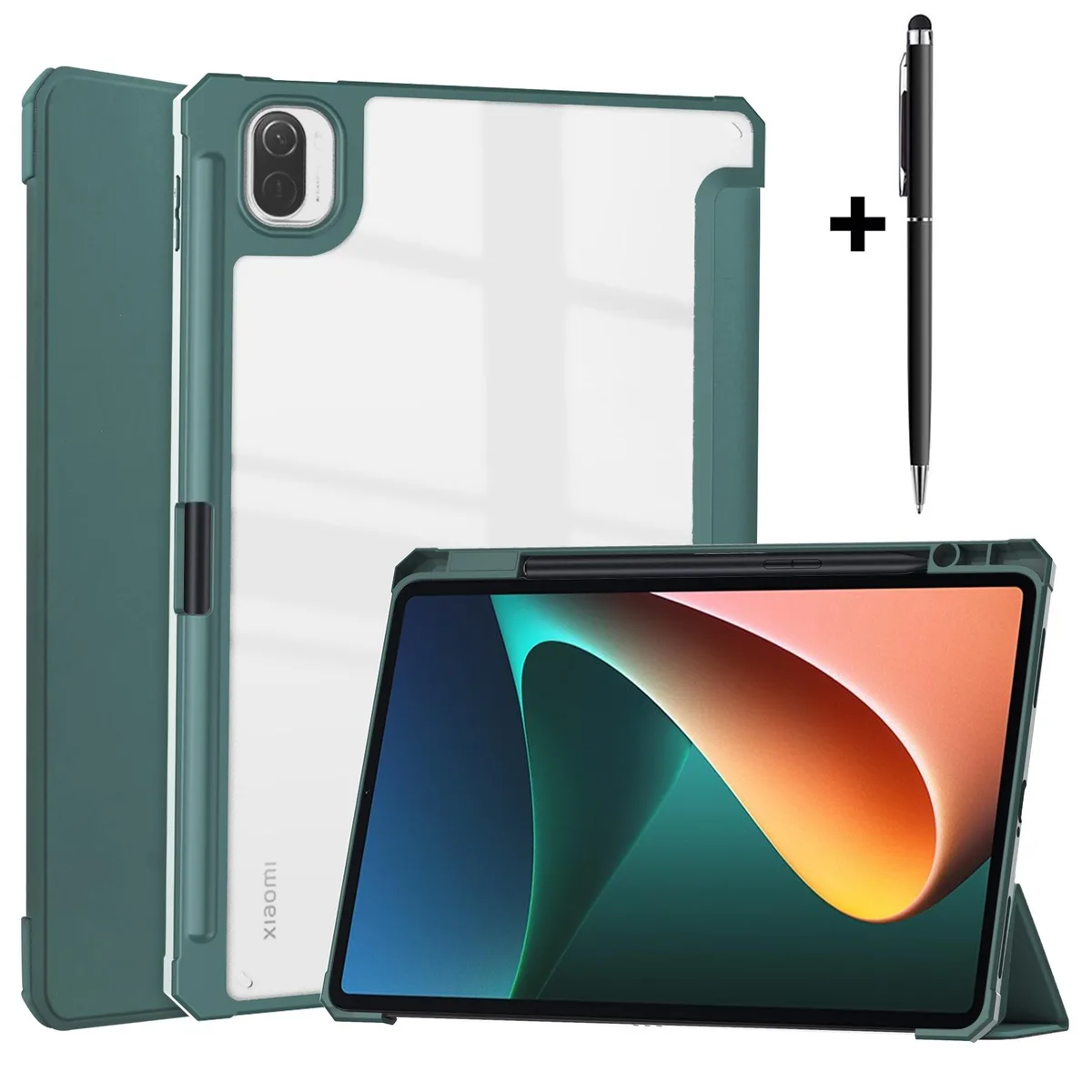 Dark green tablet case with transparent hard back cover and trifold front, shown open with pen holder visible